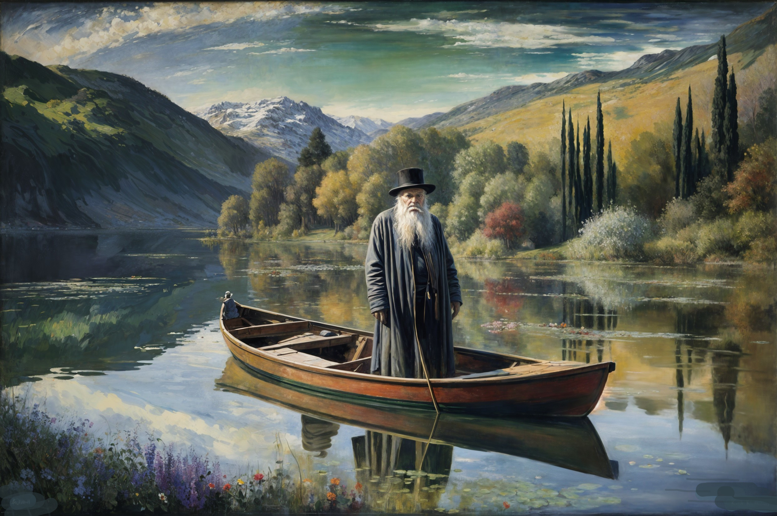 Serene Landscape with Lake and Snow-Capped Mountains