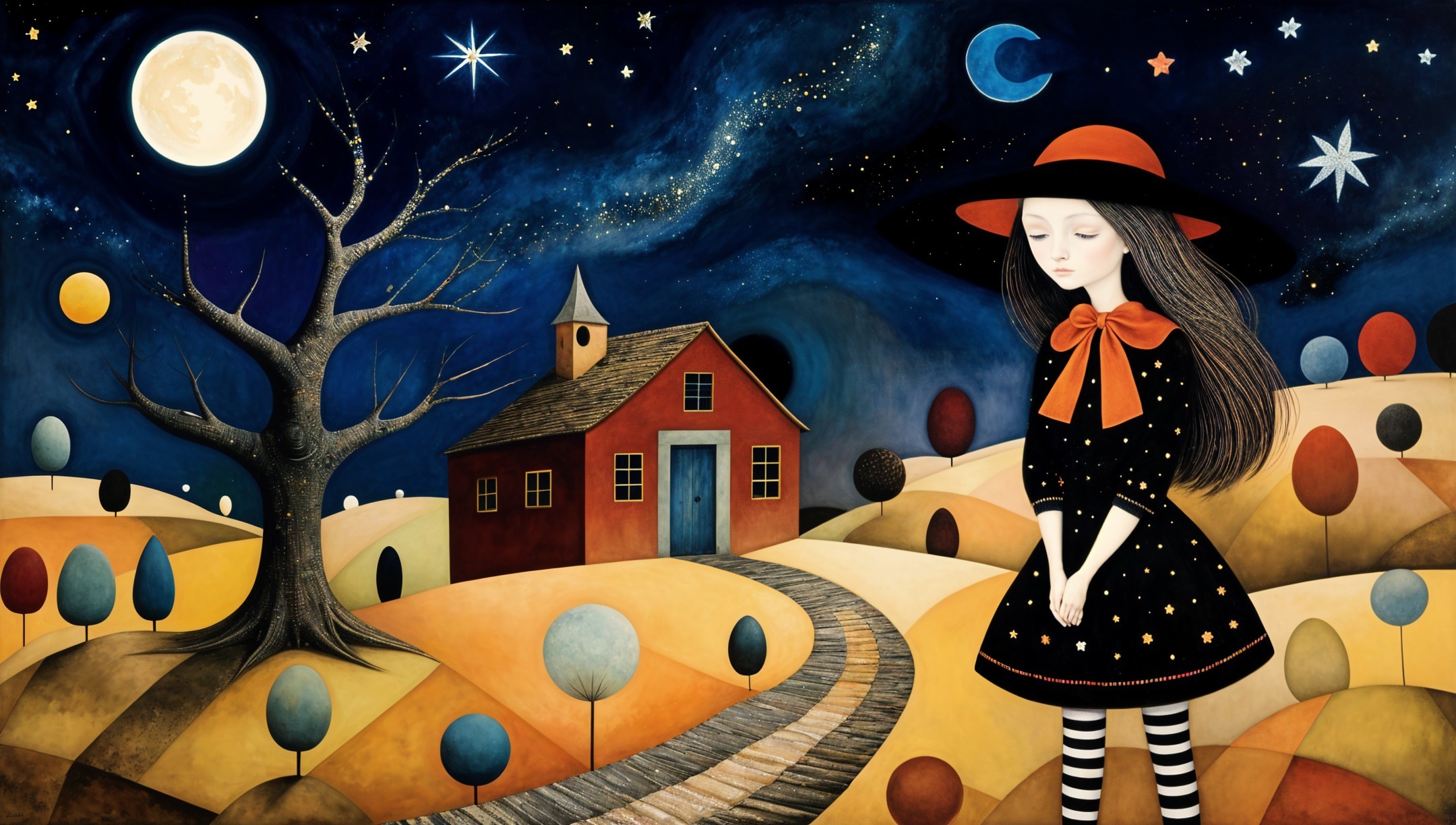 Whimsical Scene of Girl in Dress by Colorful Landscape