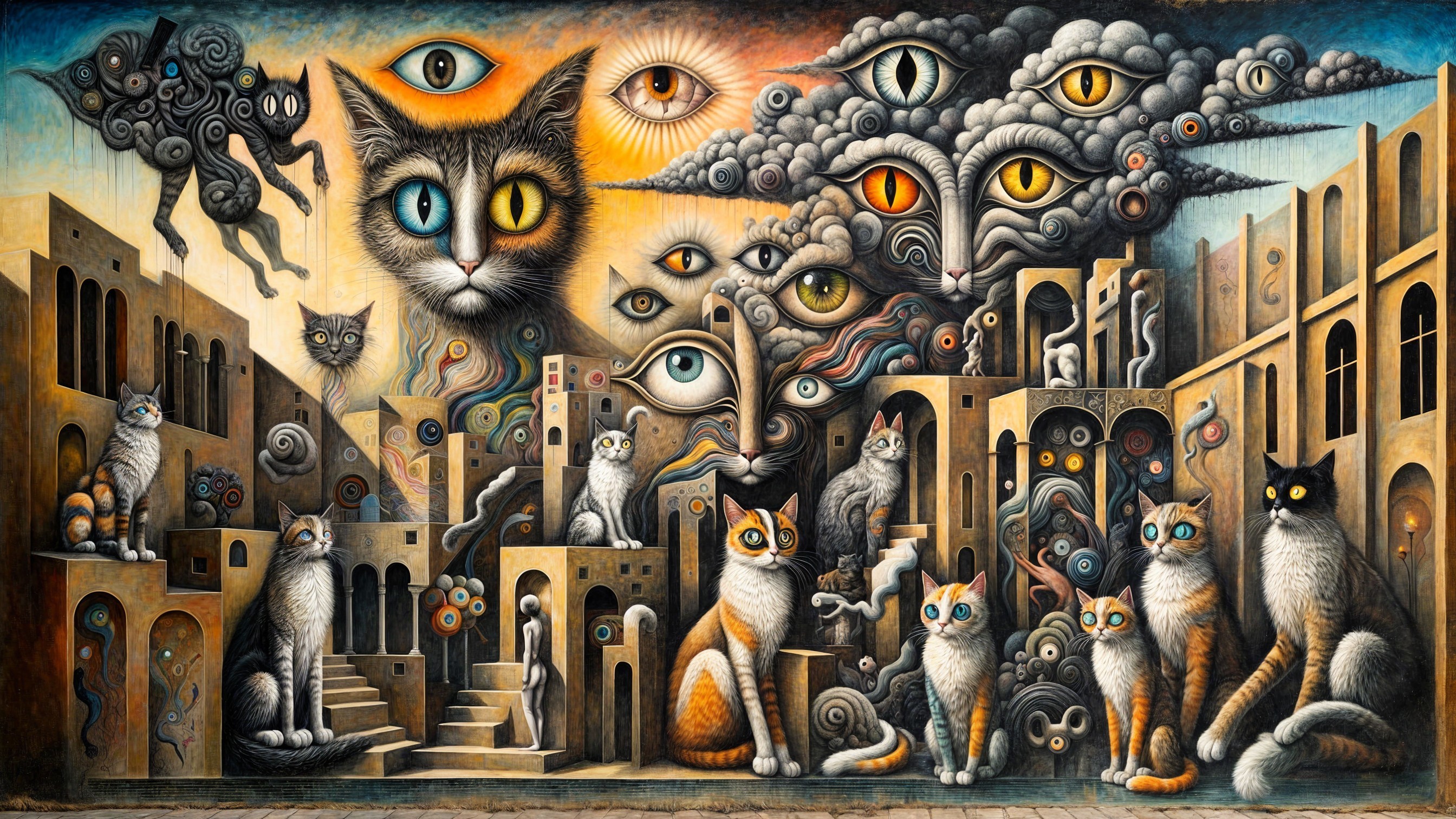 Surreal Cityscape with Colorful Cats and Enigmatic Eyes