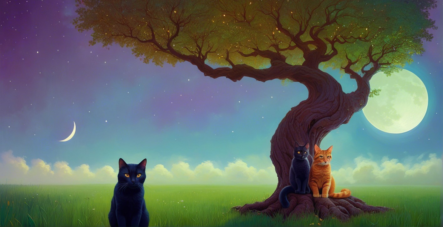 Twisted Tree and Cats Under Starry Night Sky