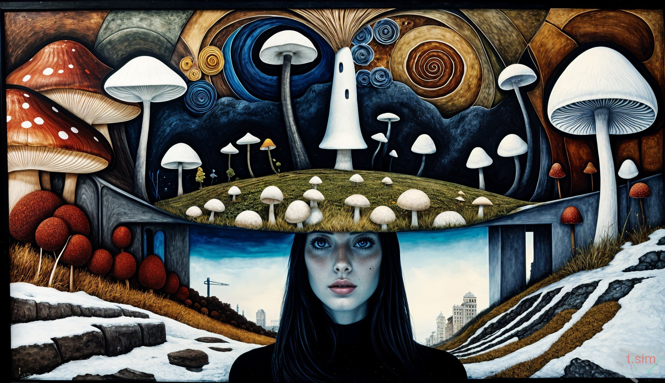 Whimsical Landscape with Surreal Nature and Urban Life