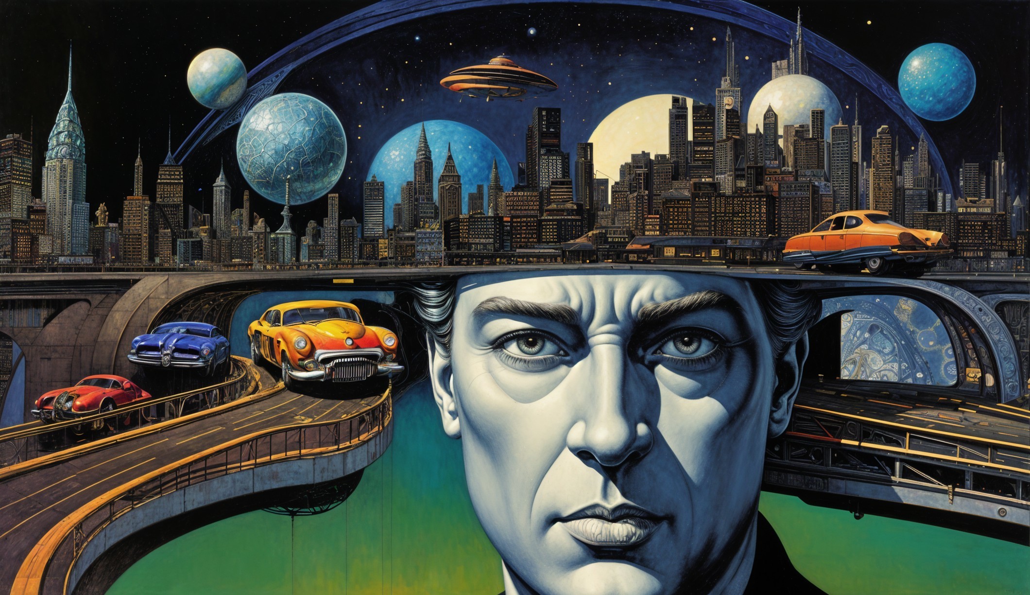 Portrait of a Man Against a Surreal Cityscape