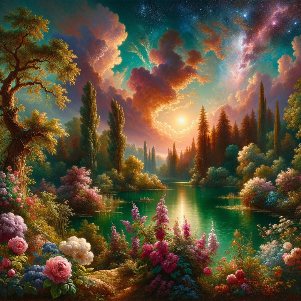 Colorful, lush landscape with lake and dramatic sky