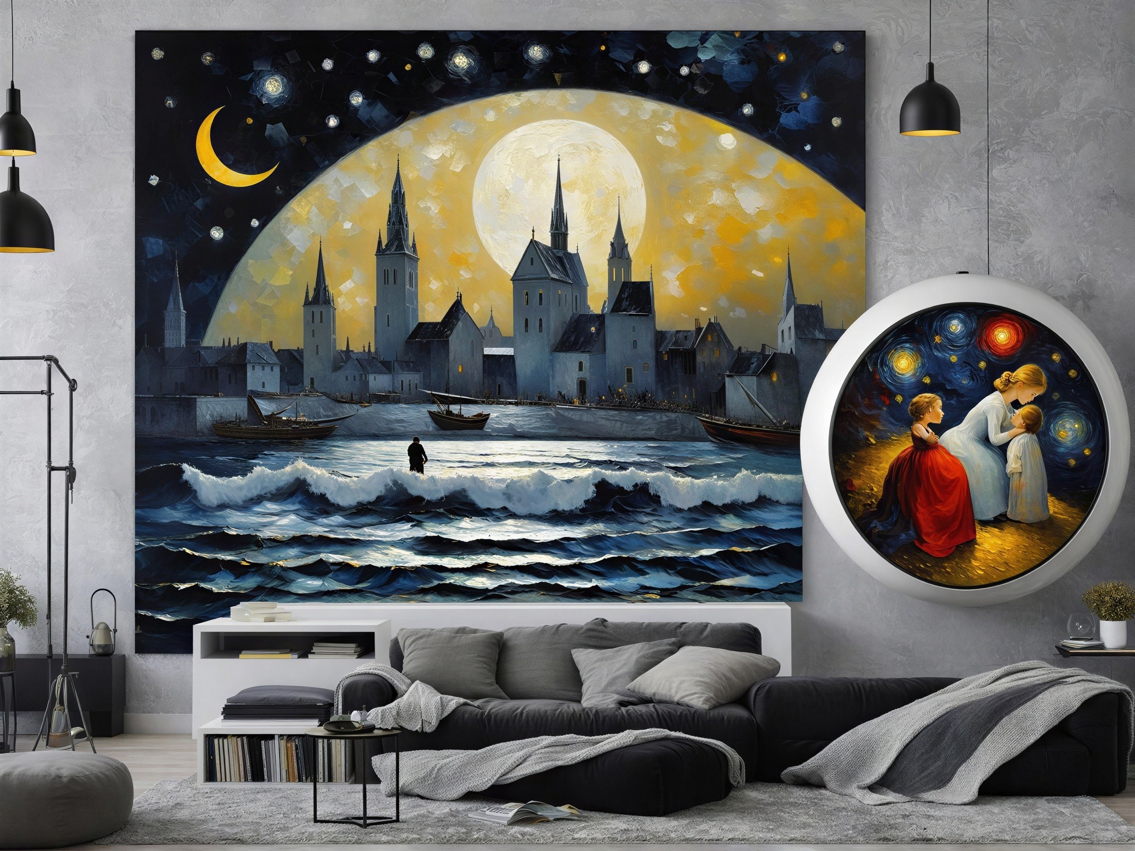 Modern Living Room with Impressionist and Starry Night Art
