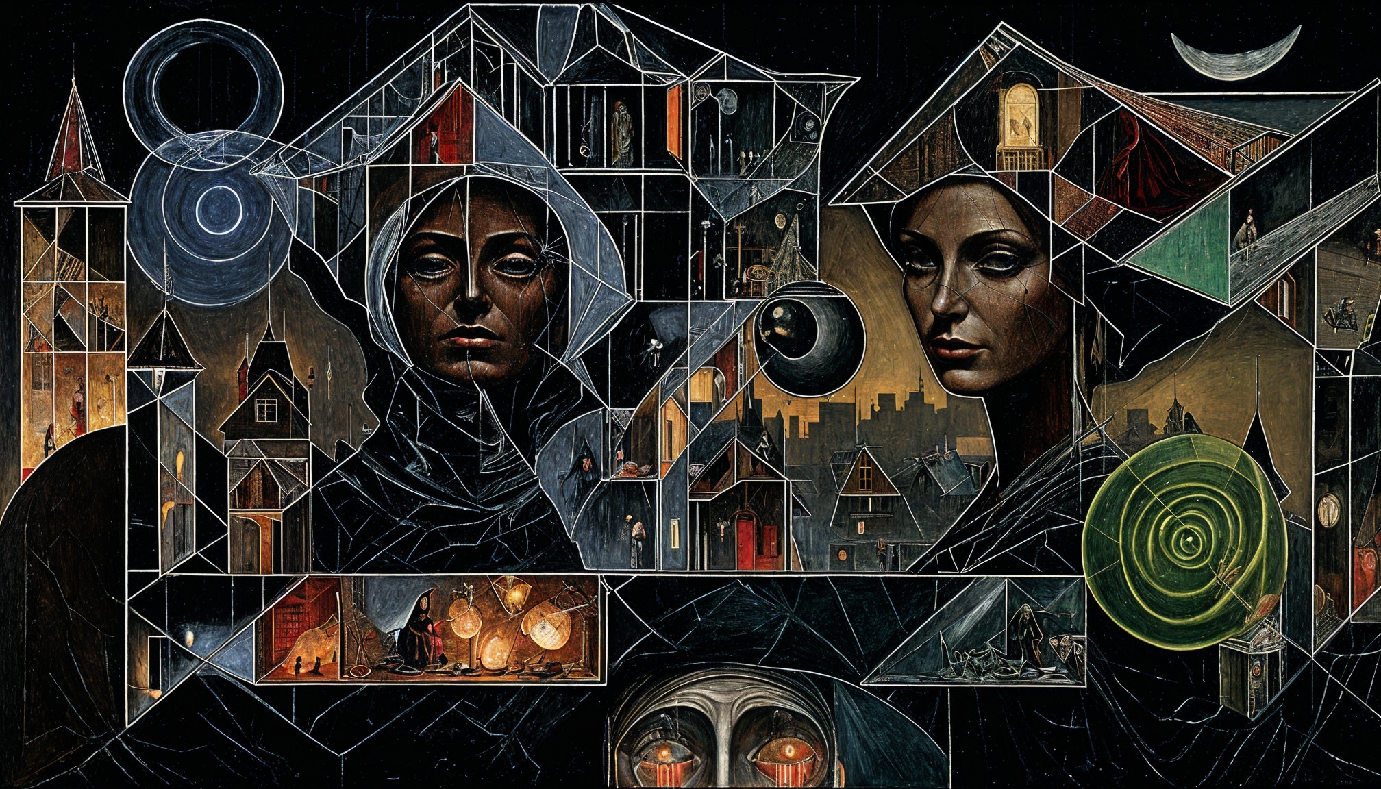 Intricate Artwork with Faces in Geometric Shadows