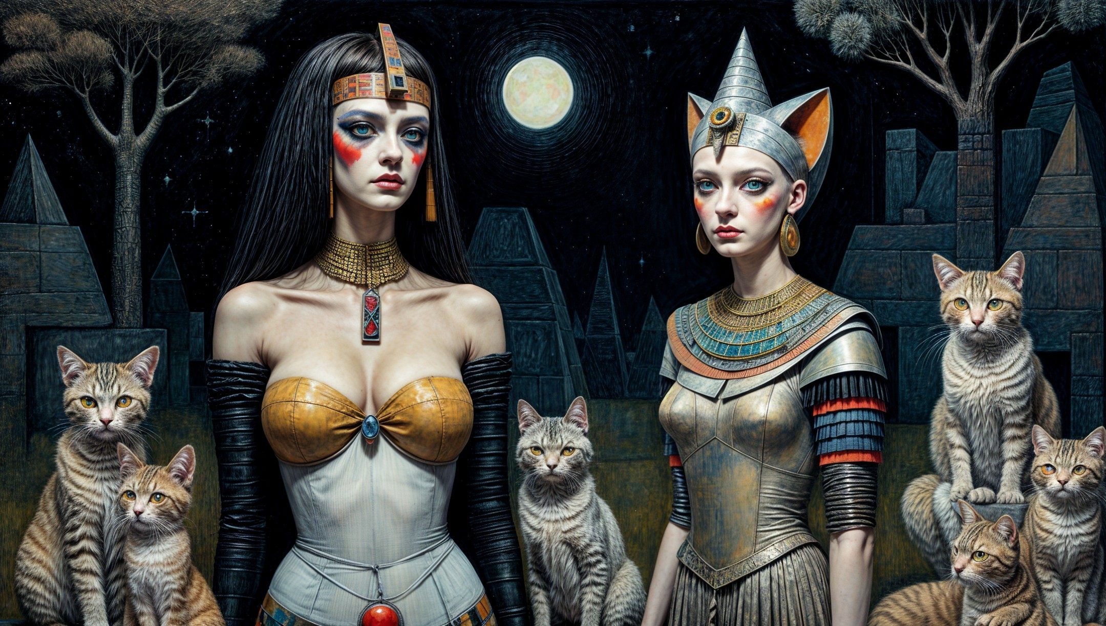 Elegant Figures in Mystical Night Scene with Cats