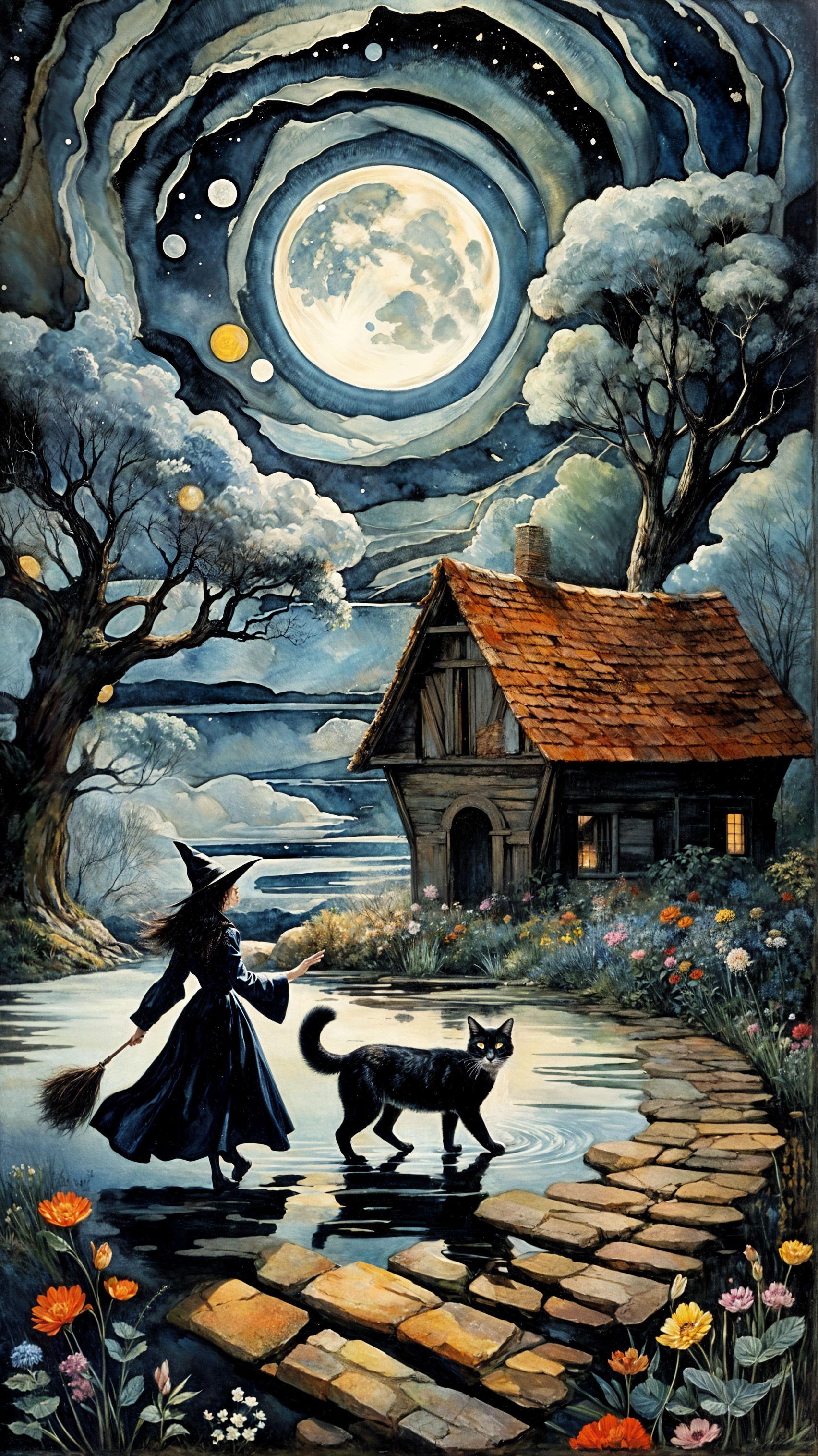 Witch Walking by Lake Under Starry Night Sky