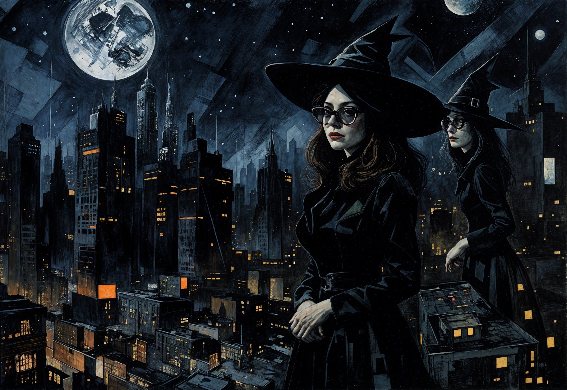 Witches on Rooftop Overlooking Dark City at Night