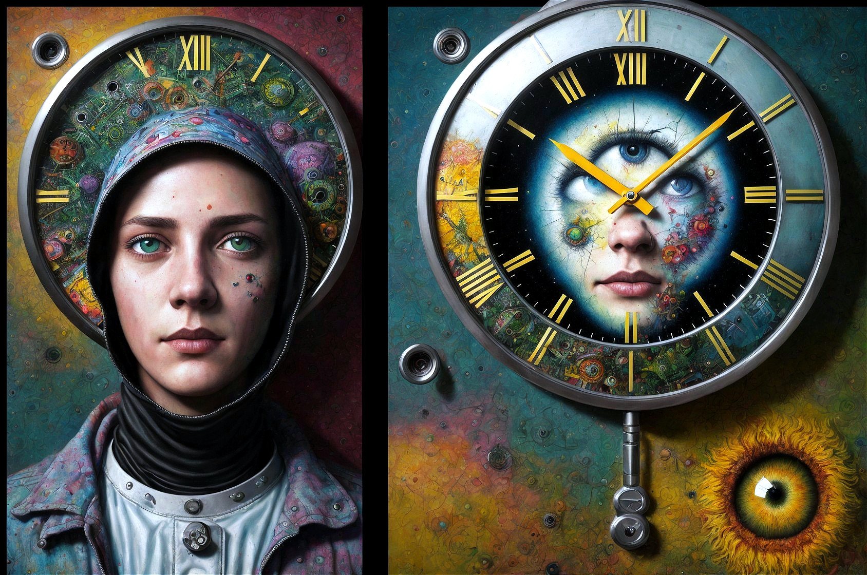 Surreal Portrait of Woman with Clock and Floral Motifs