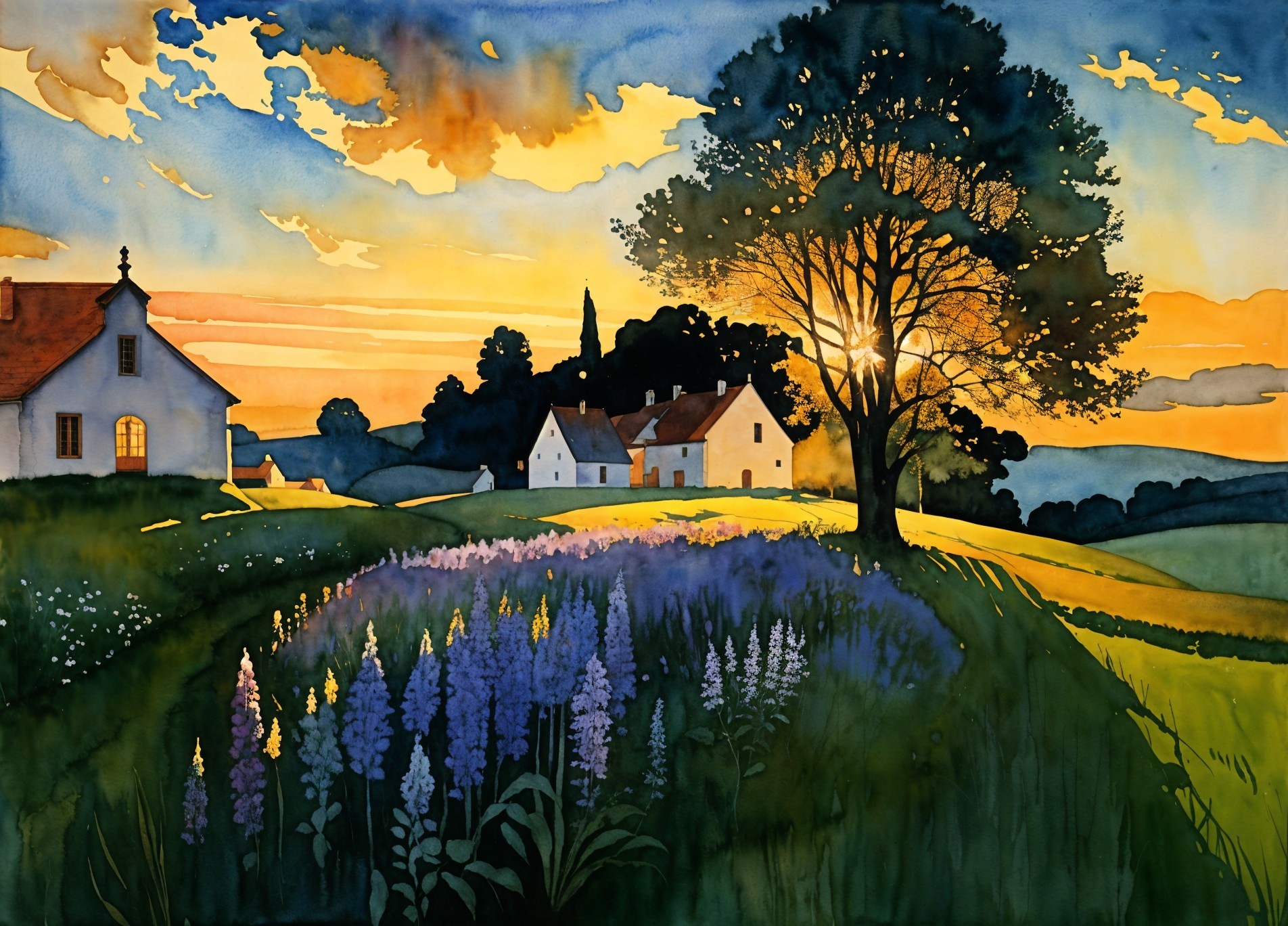 Serene Countryside Scene at Sunset with Vibrant Sky