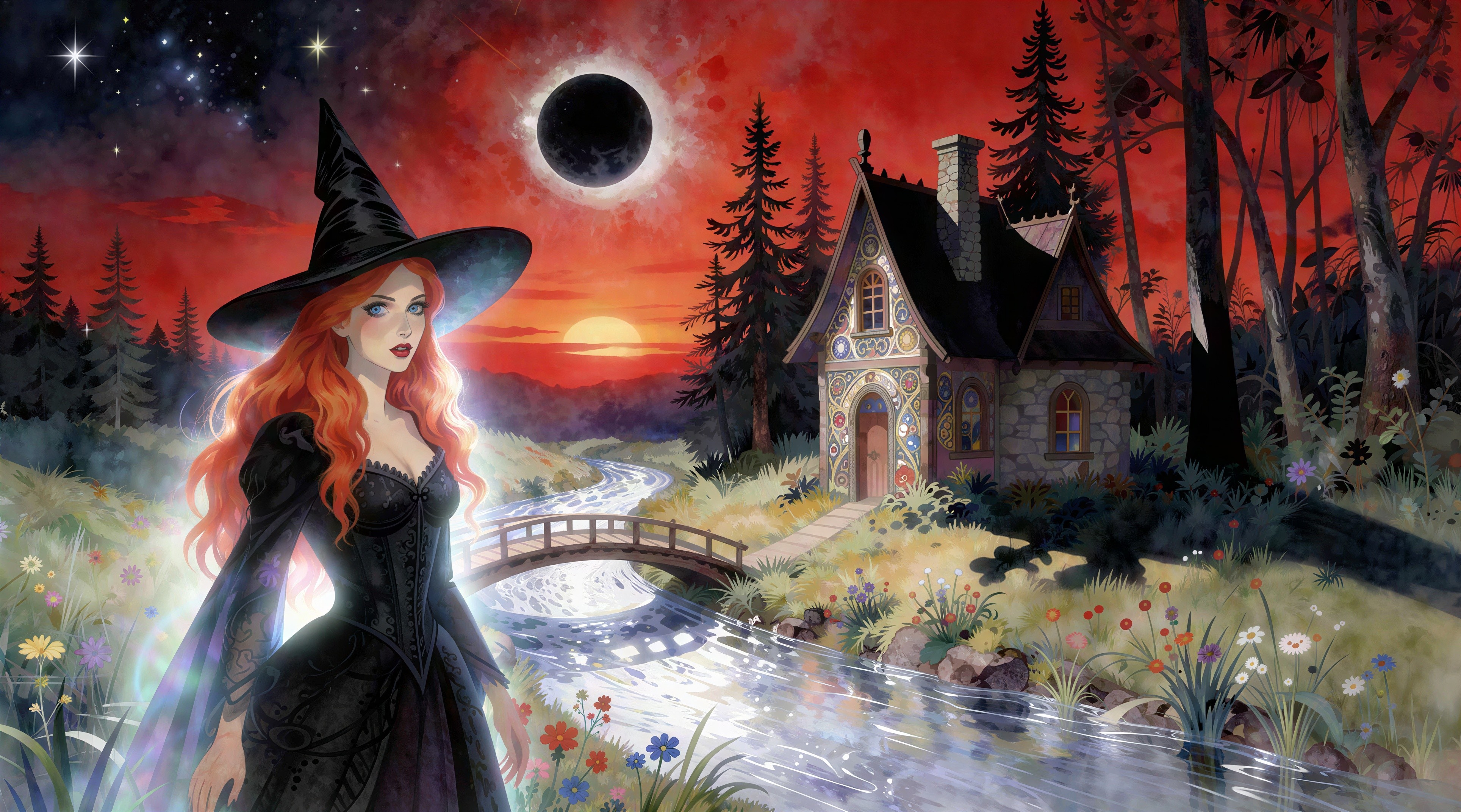 Digital painting of a young witch in a wildflower field