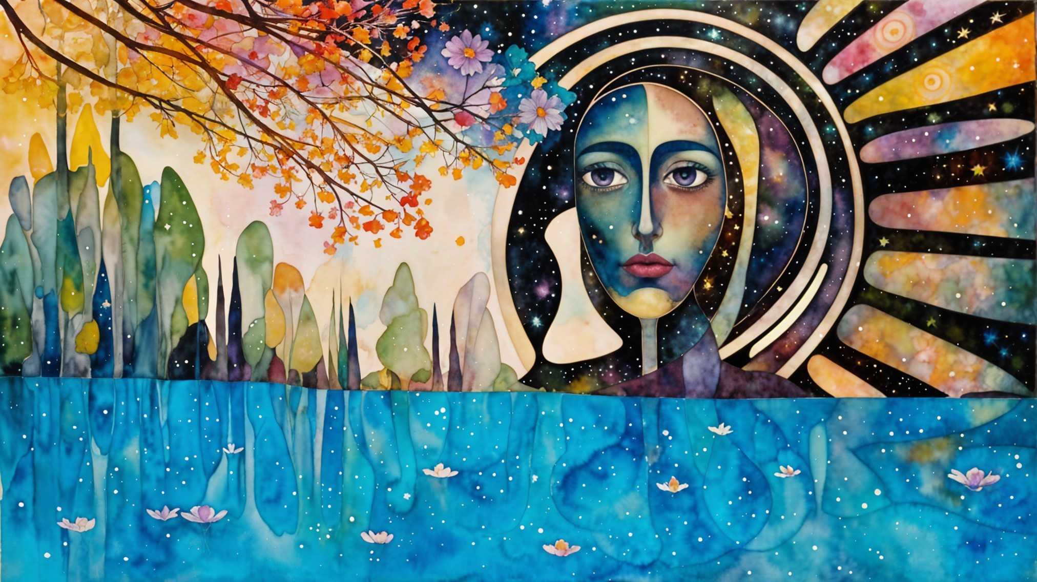 Watercolor Landscape with Woman's Face and Night Sky