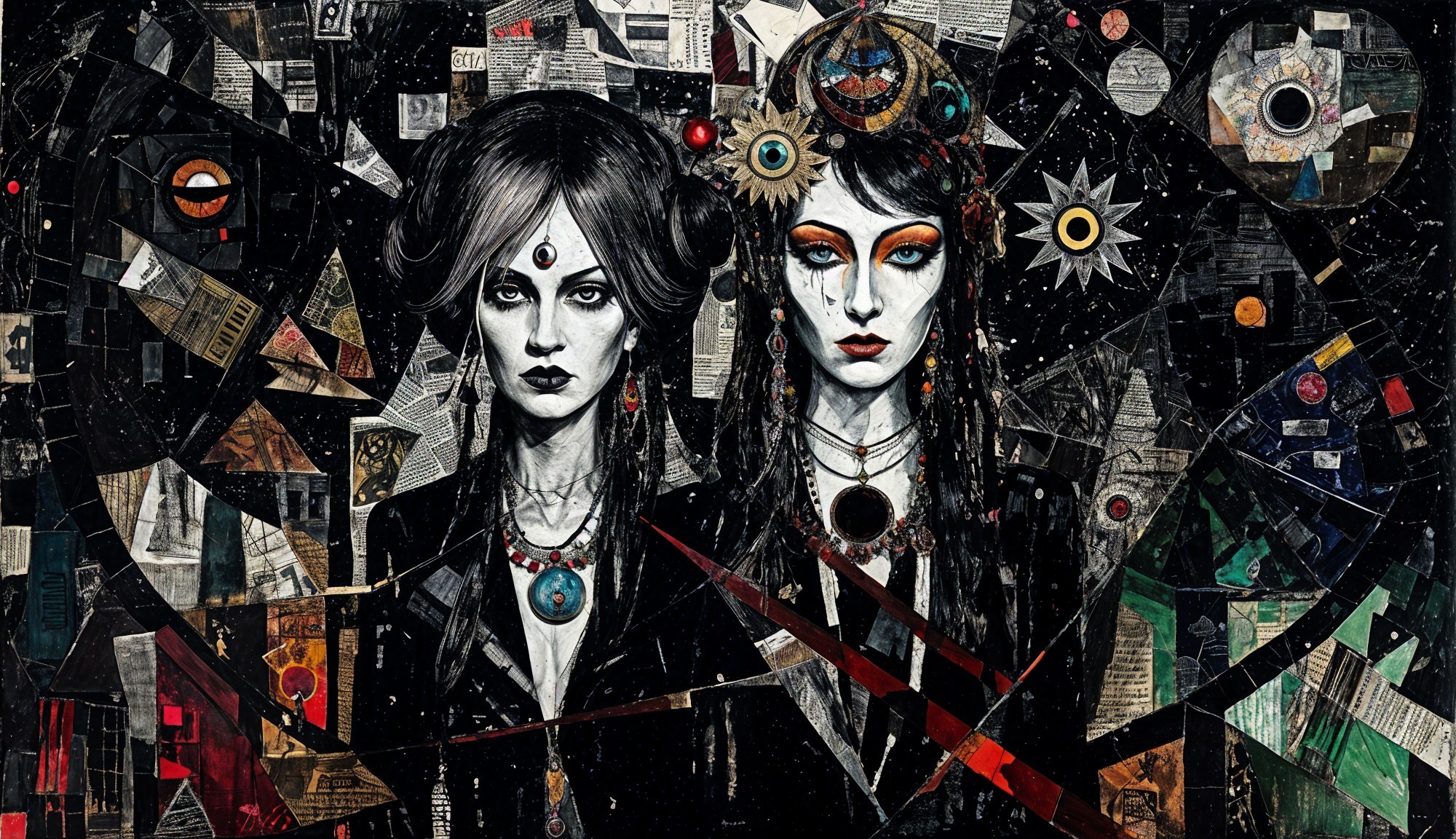 Ethereal Women in Dark Attire with Cosmic Background