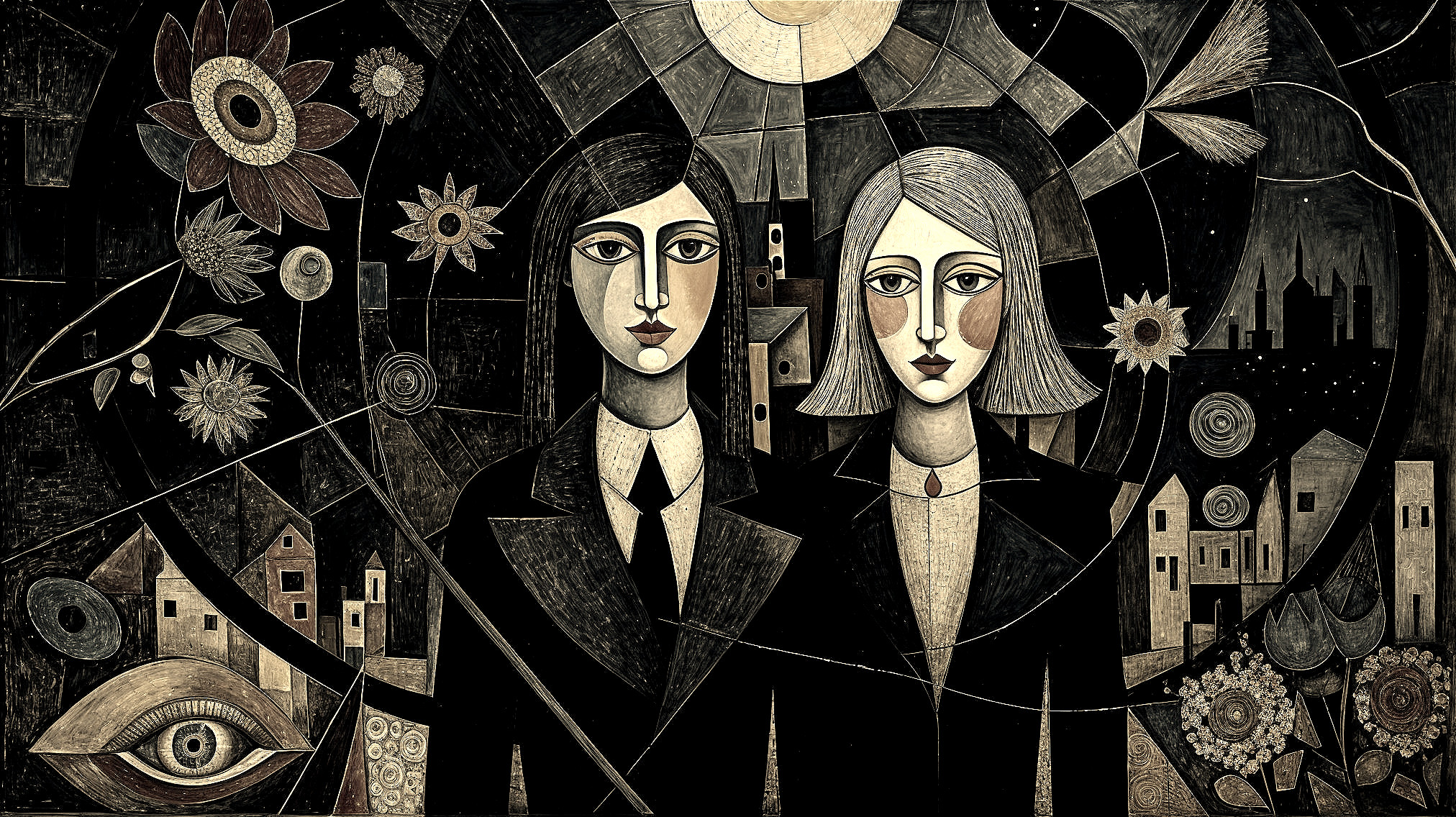 Stylized Figures in Formal Attire with Abstract Background