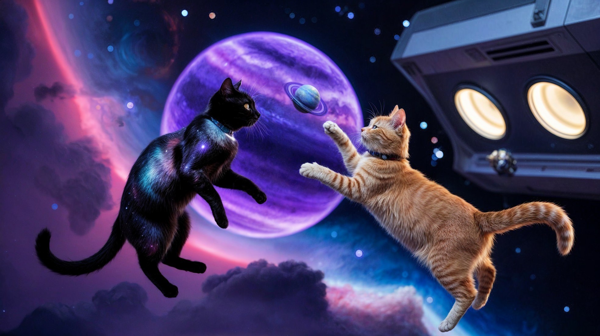 Cosmic Scene with Cats and Colorful Planet
