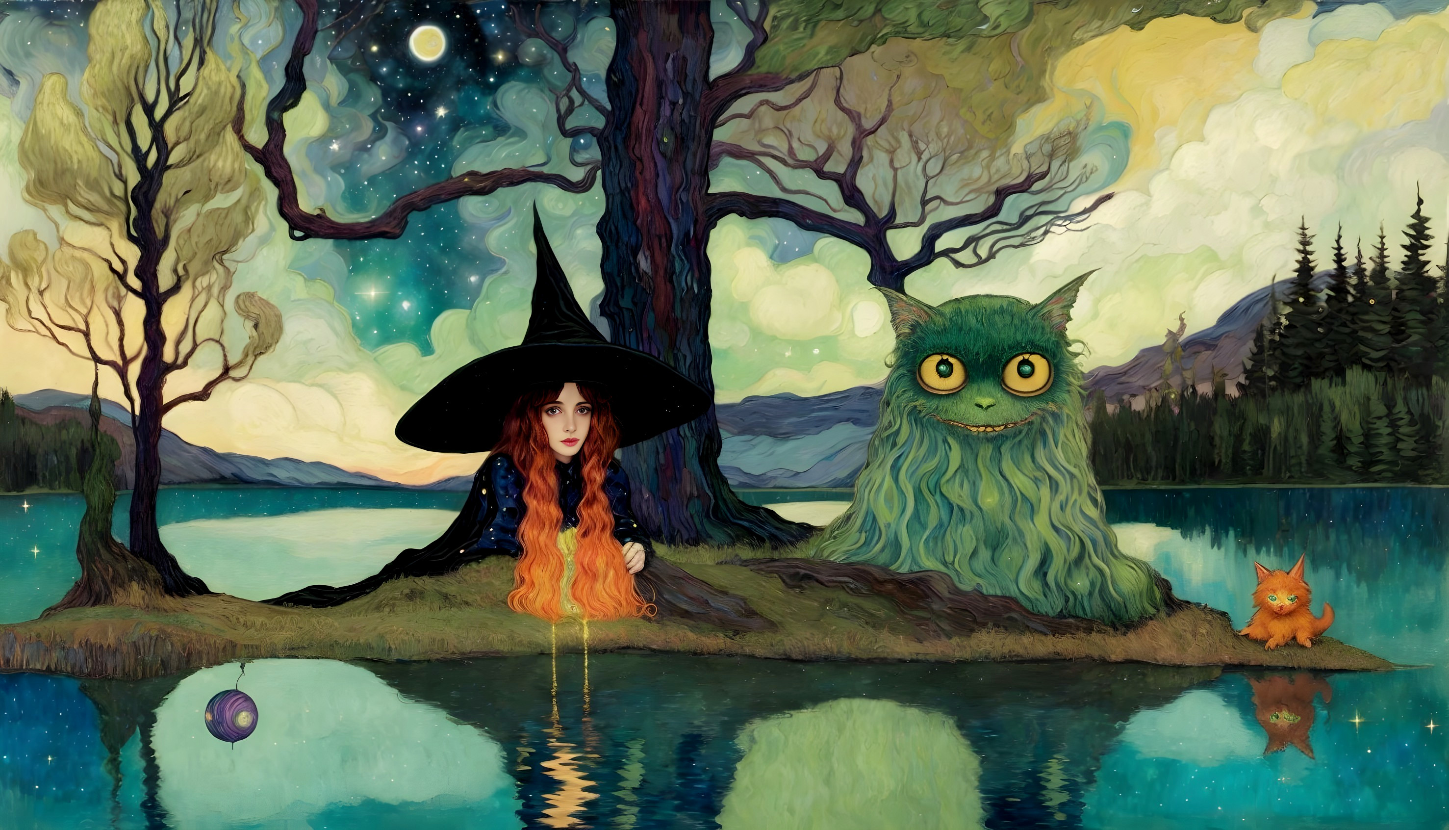 Colorful witch with red hair and blue hat by lake with green creature and orange animal under starry