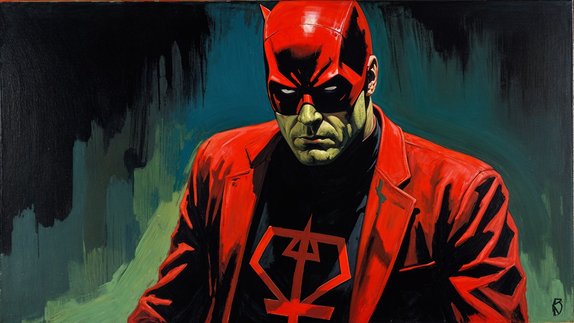 Character in Red Suit with Mask Against Green Background