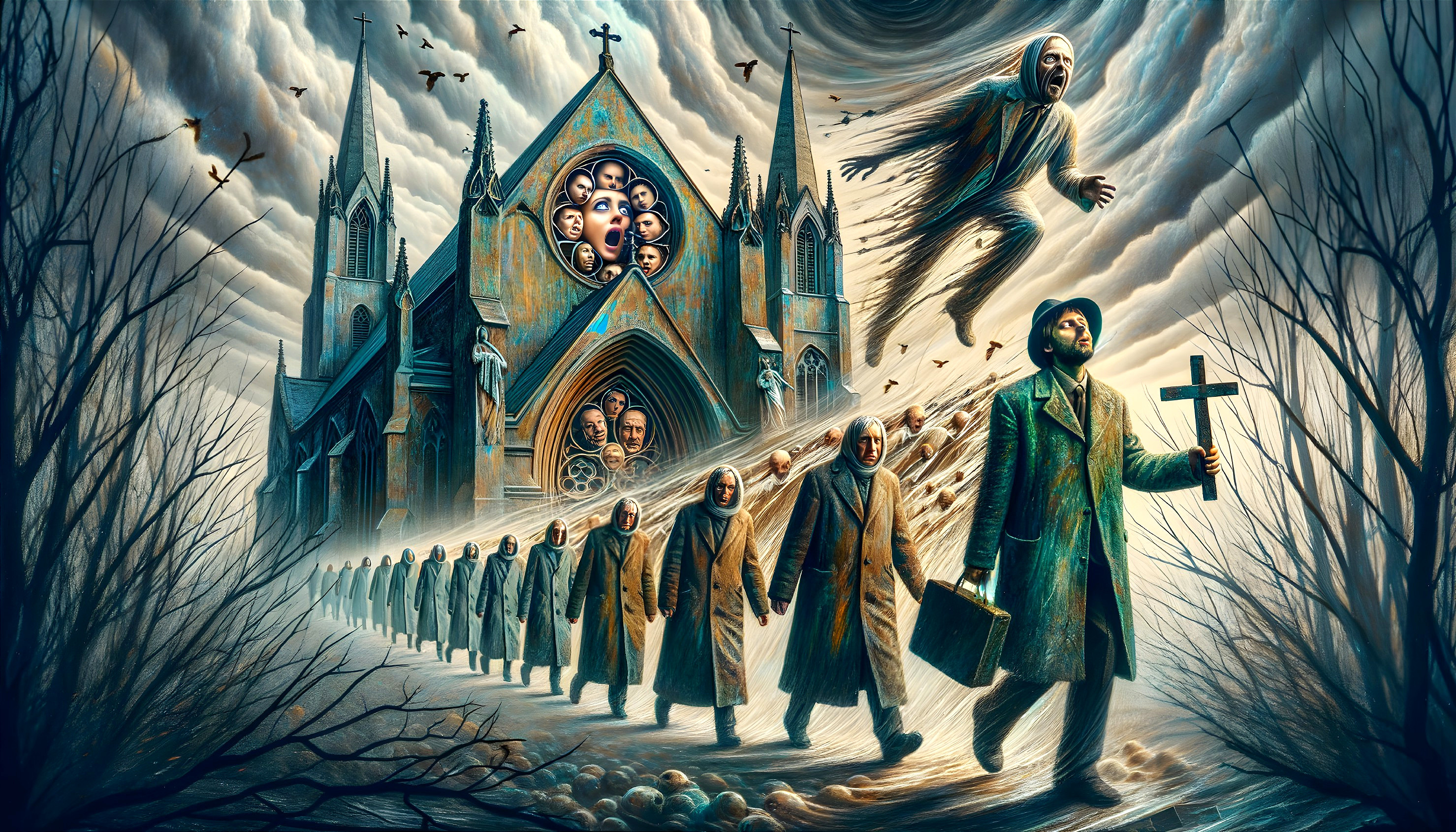 Surreal Scene of a Ghostly Figure Above a Gothic Church