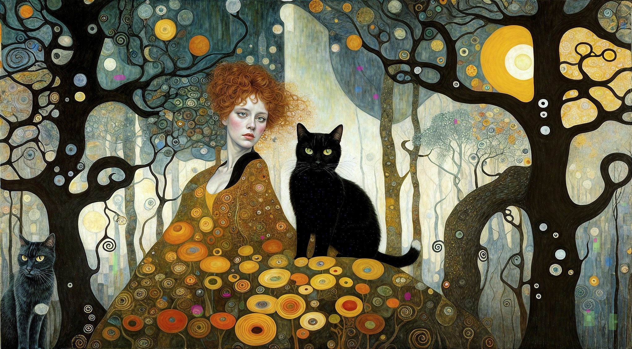 Mystical Scene with Woman in Flower Gown and Cats