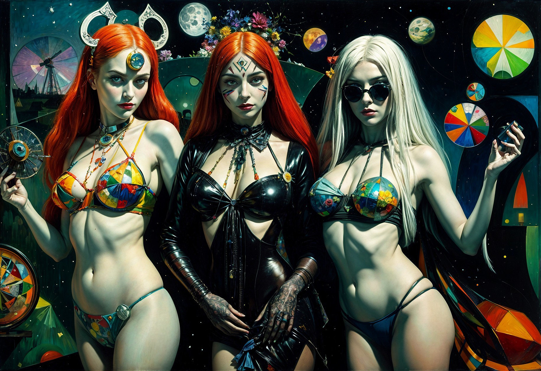 Women in Colorful Bikinis Against Surreal Backdrop