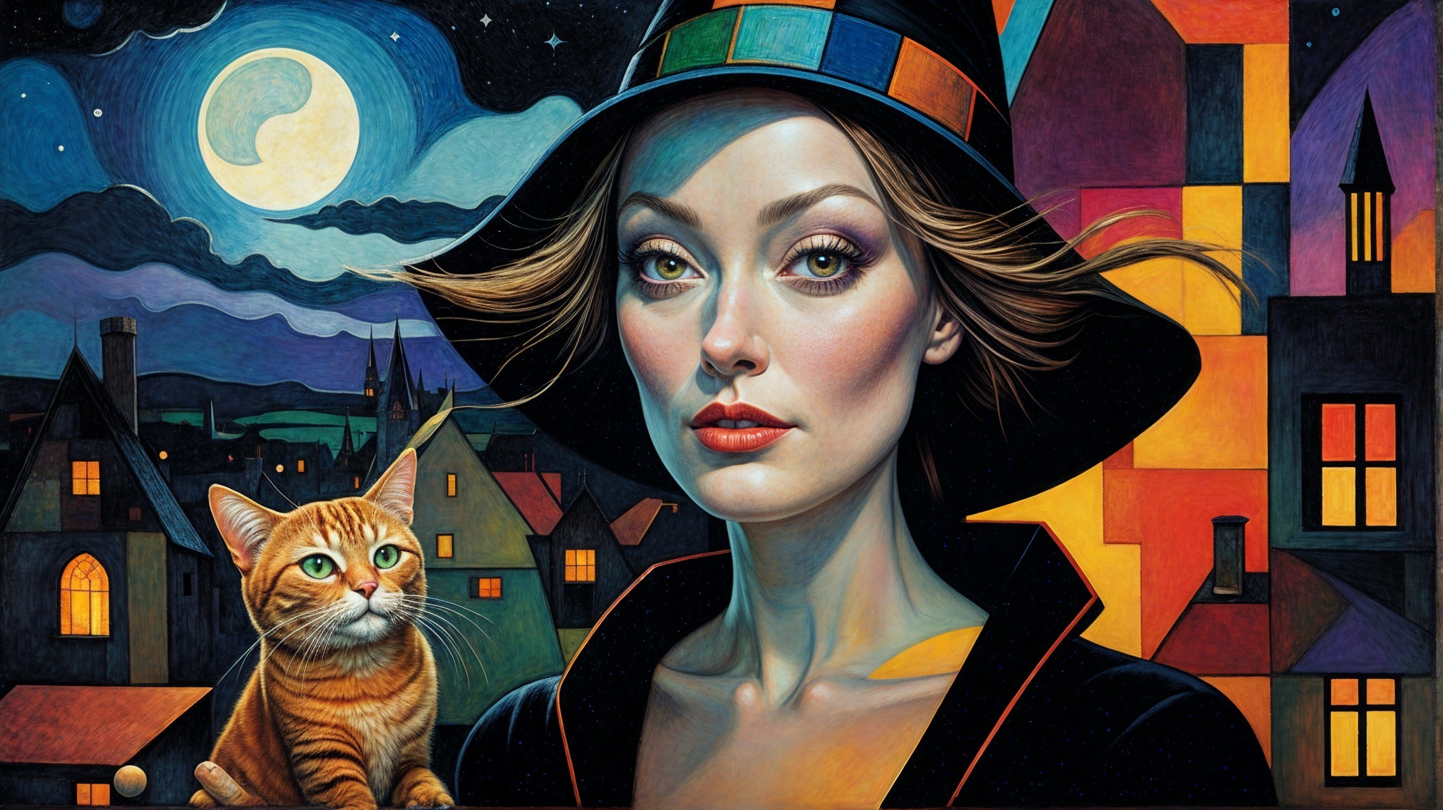 Portrait of a Woman with Cat in a Night Sky Scene