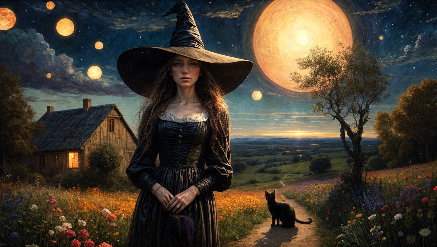 Young Woman in Black Dress in Enchanted Meadow