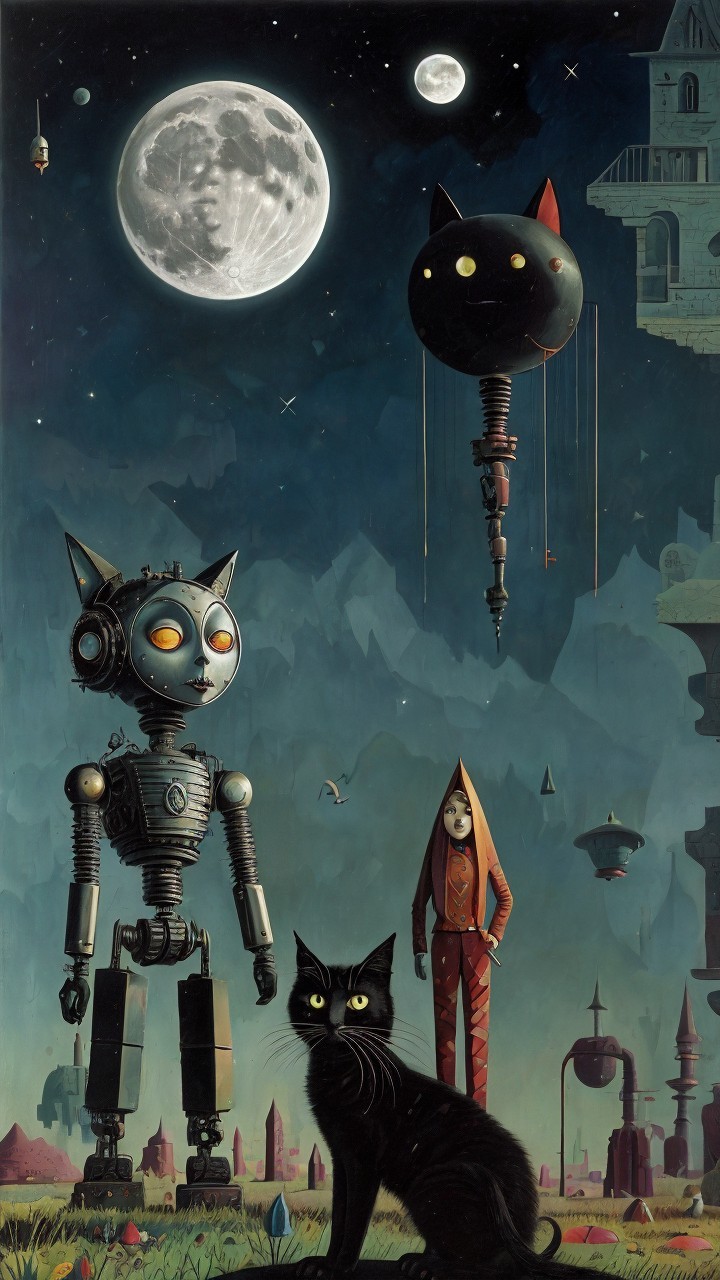 Surreal Landscape with Robotic Cat and Cloaked Figure