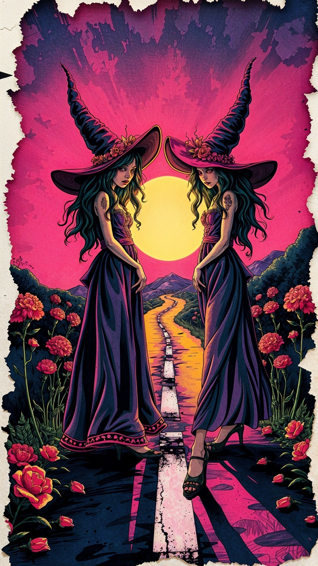 Enchanting Witches on a Winding Road at Sunset
