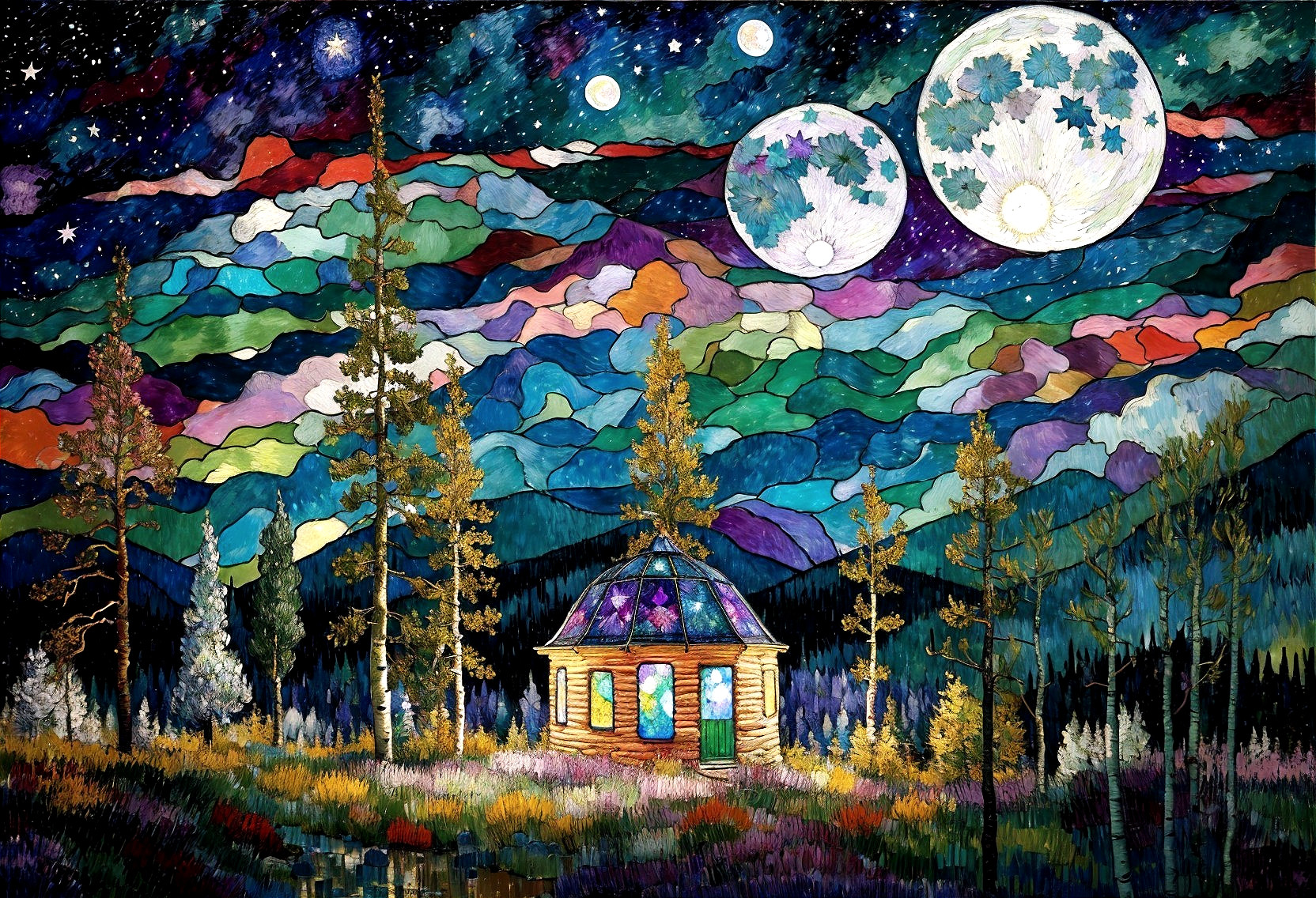 Whimsical Landscape with Gazebo and Starry Sky