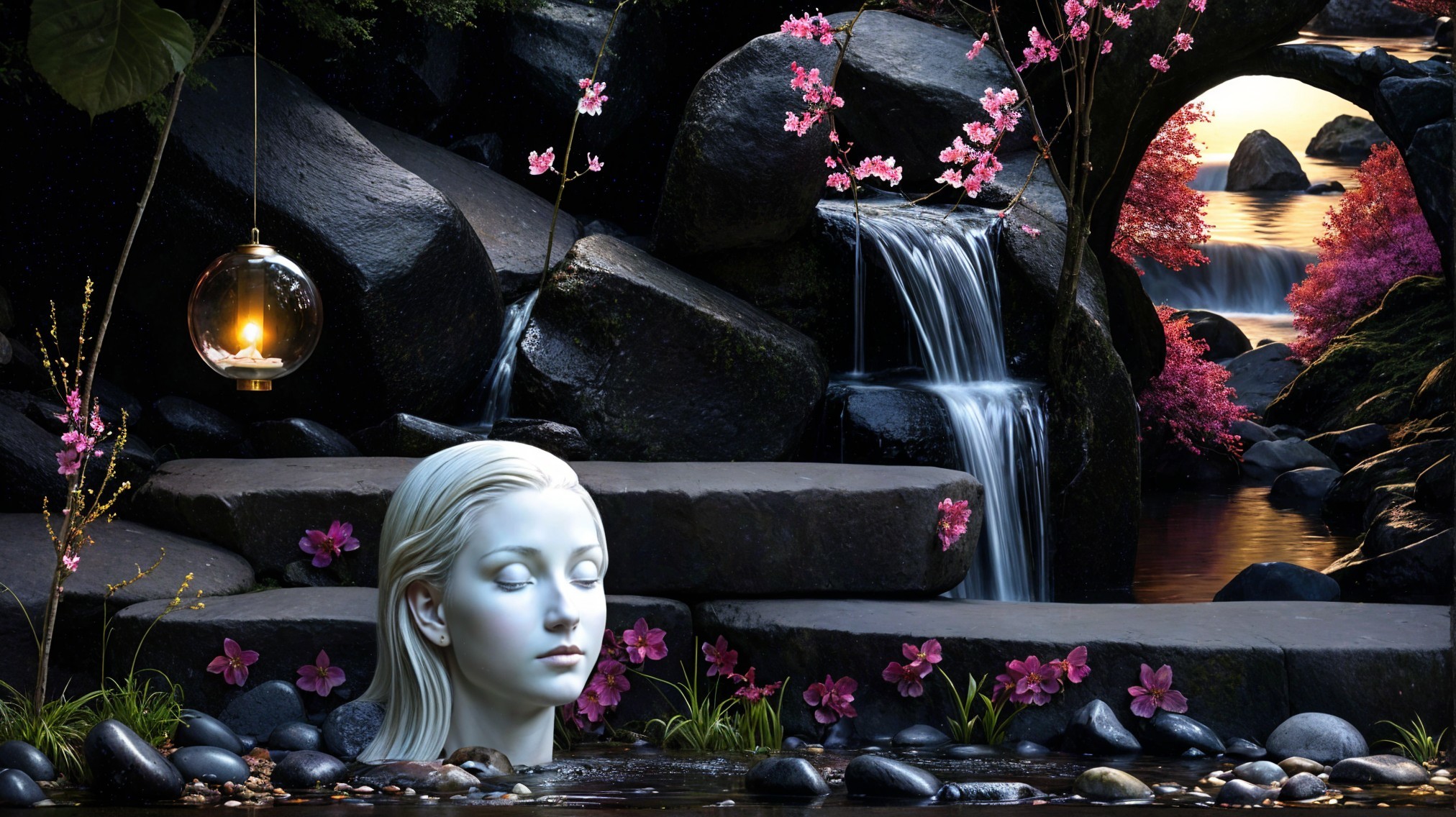 Serene White Sculpture Amidst Waterfall and Flowers