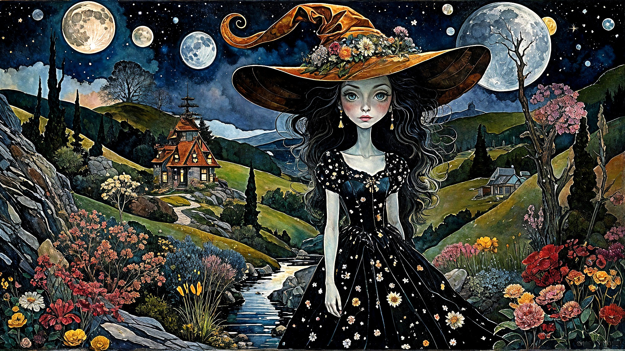 Witch in Floral Dress Amidst Enchanted Landscape