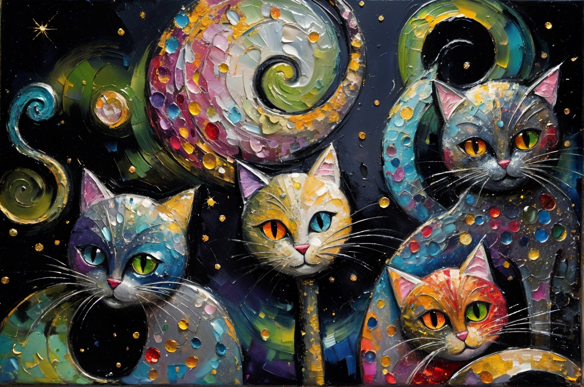 Abstract Painting of Whimsical Cats in Cosmic Scene