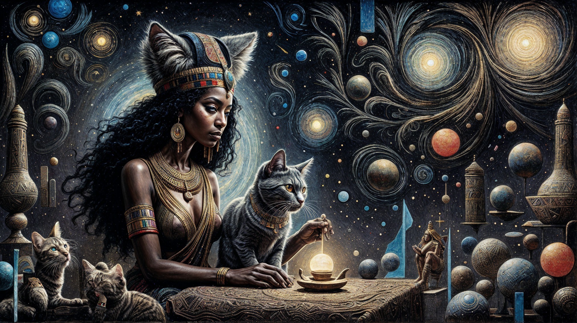 Regal figure in cosmic setting with glowing orb and cats