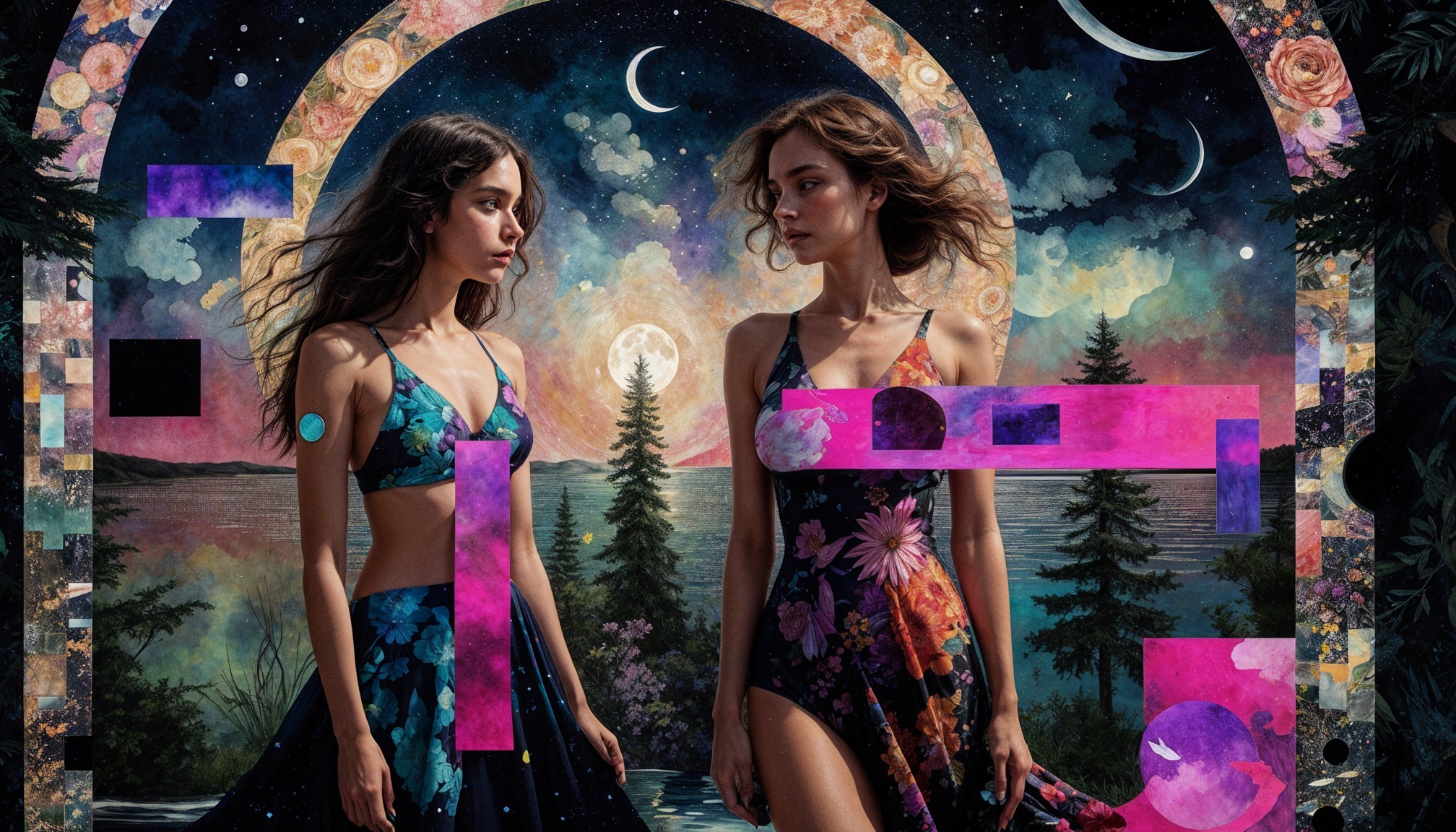 Women in Stylish Swimwear in Dreamlike Landscape