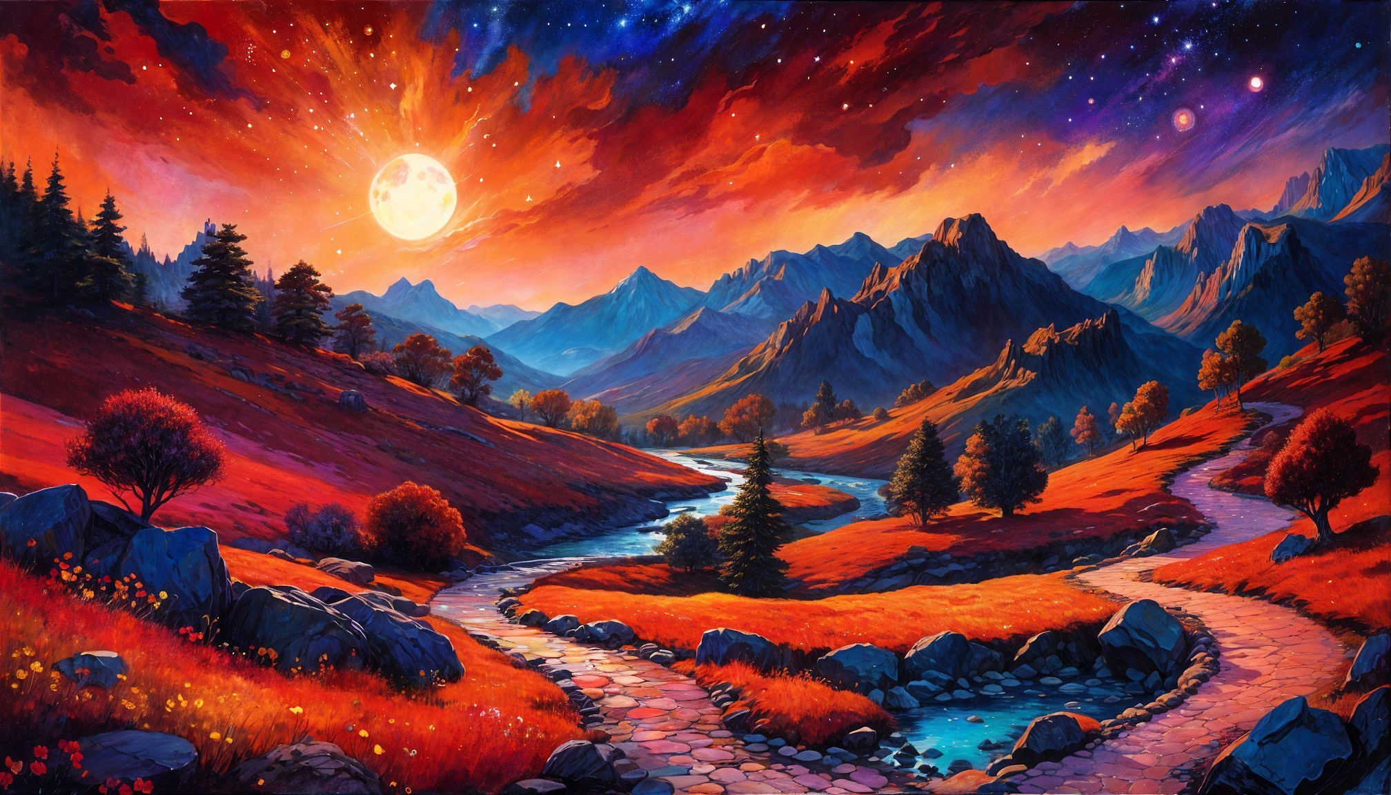 Vibrant Landscape with Mountains and Starry Sky