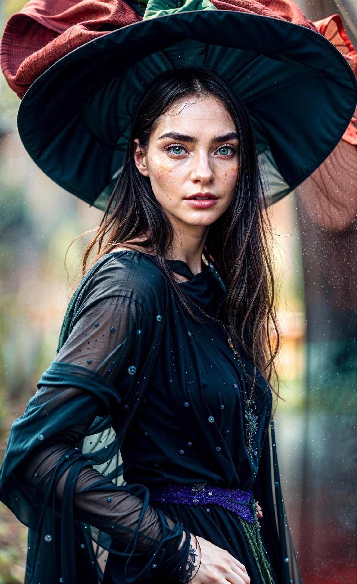 Woman in Black Dress with Green Eyes and Hat