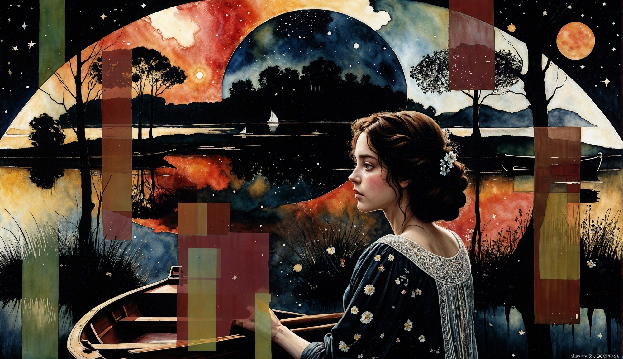 Young Woman in Boat Amidst Serene Night Landscape