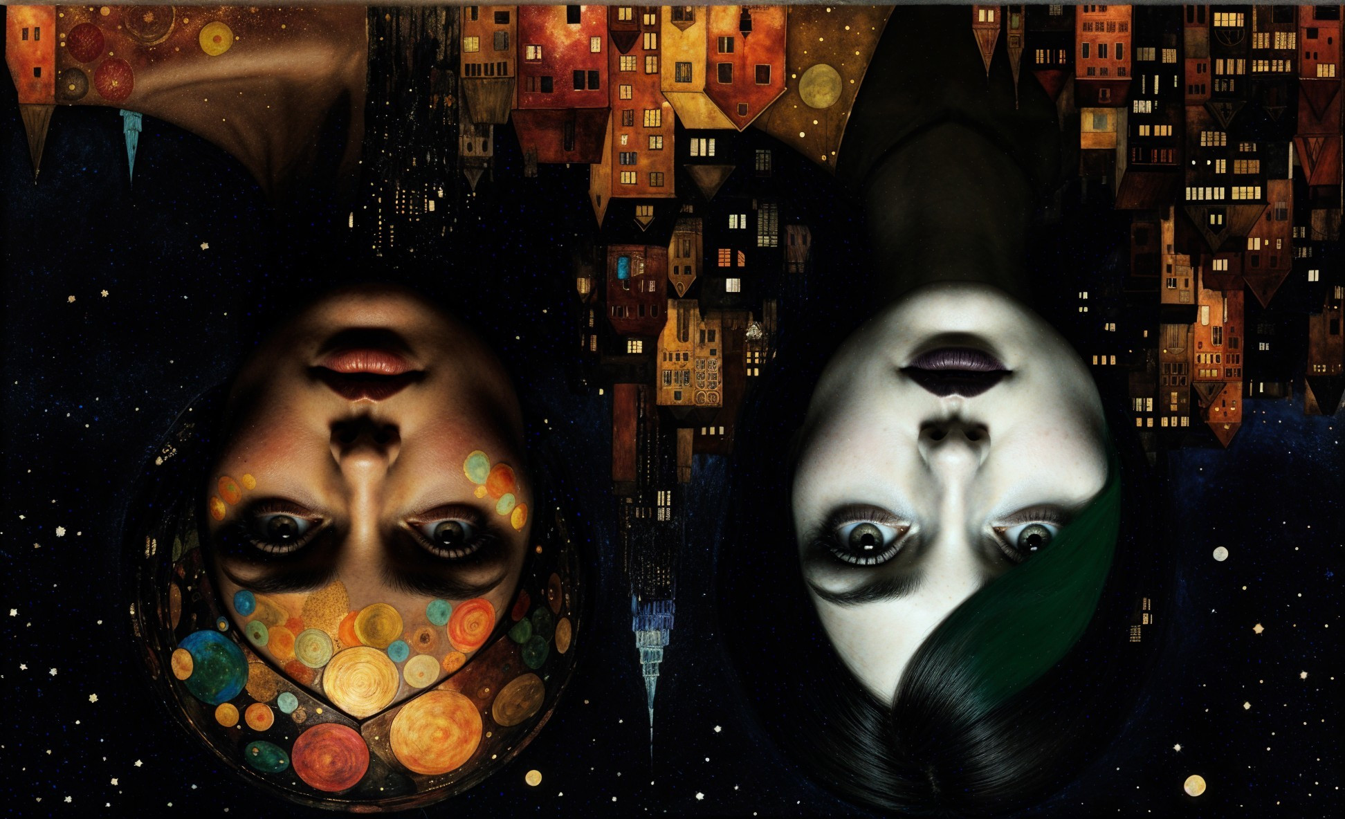 Stylized Female Faces Against Starry Night Sky