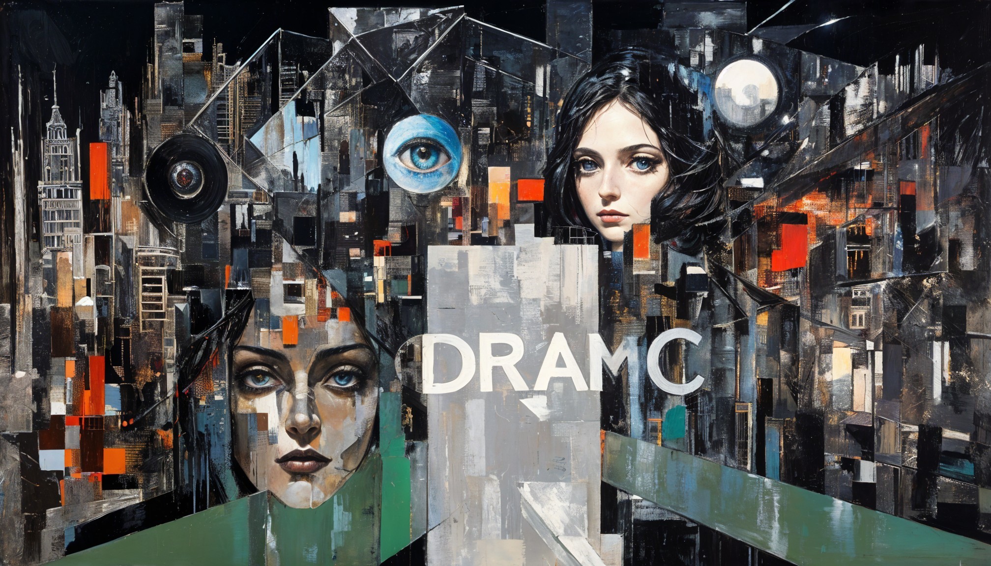 Abstract Urban Landscape with Female Faces and Text