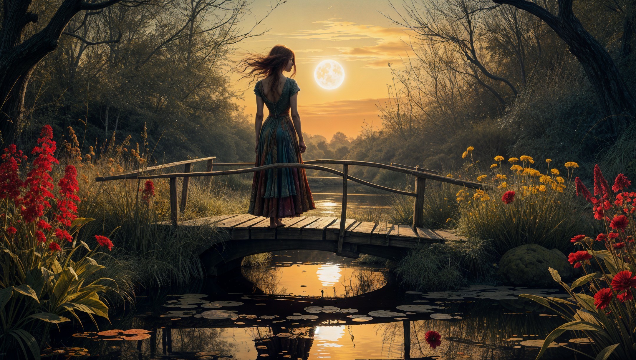 Woman on Bridge Over Tranquil Pond at Sunset