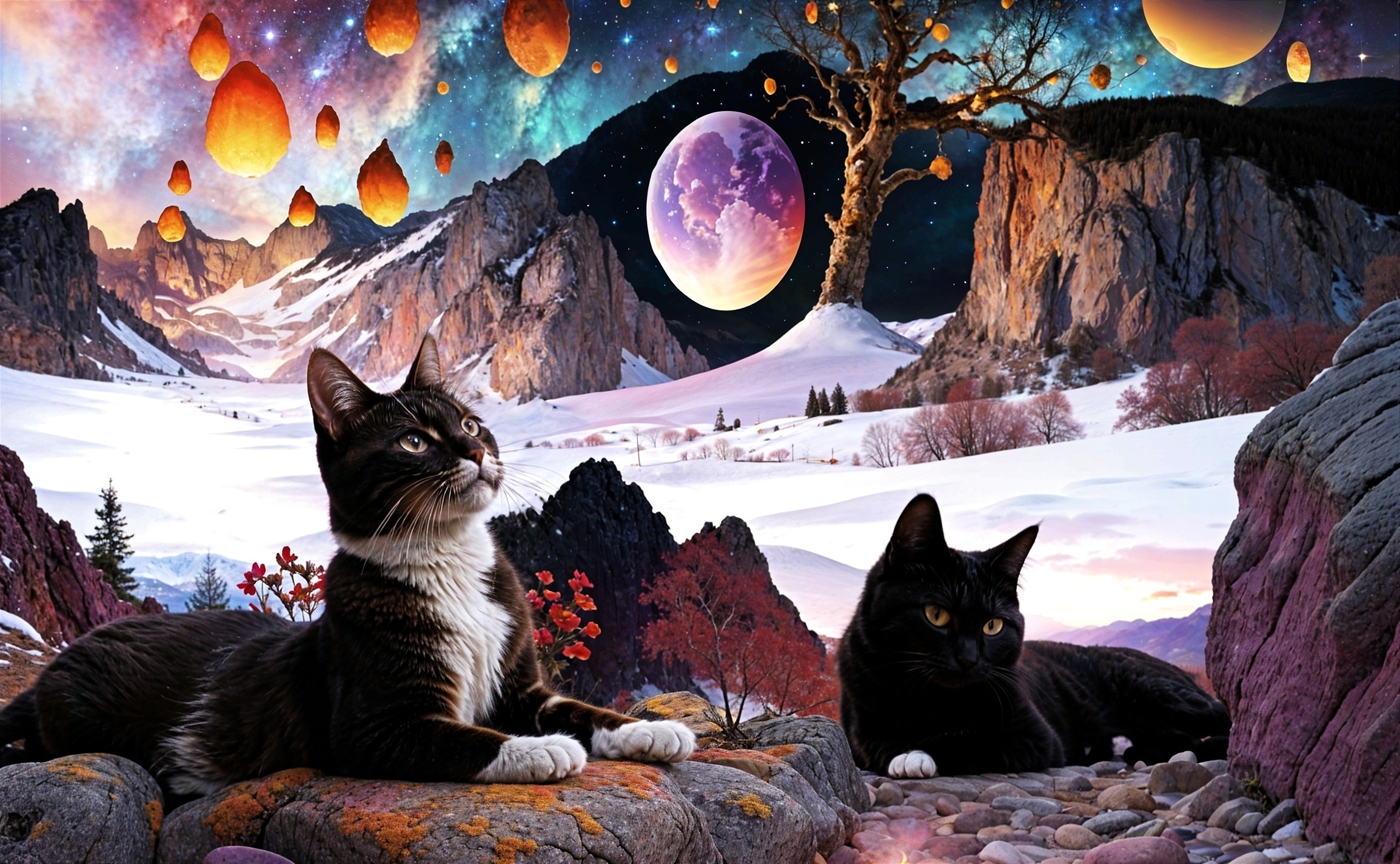 Surreal Landscape with Cats and Cosmic Elements