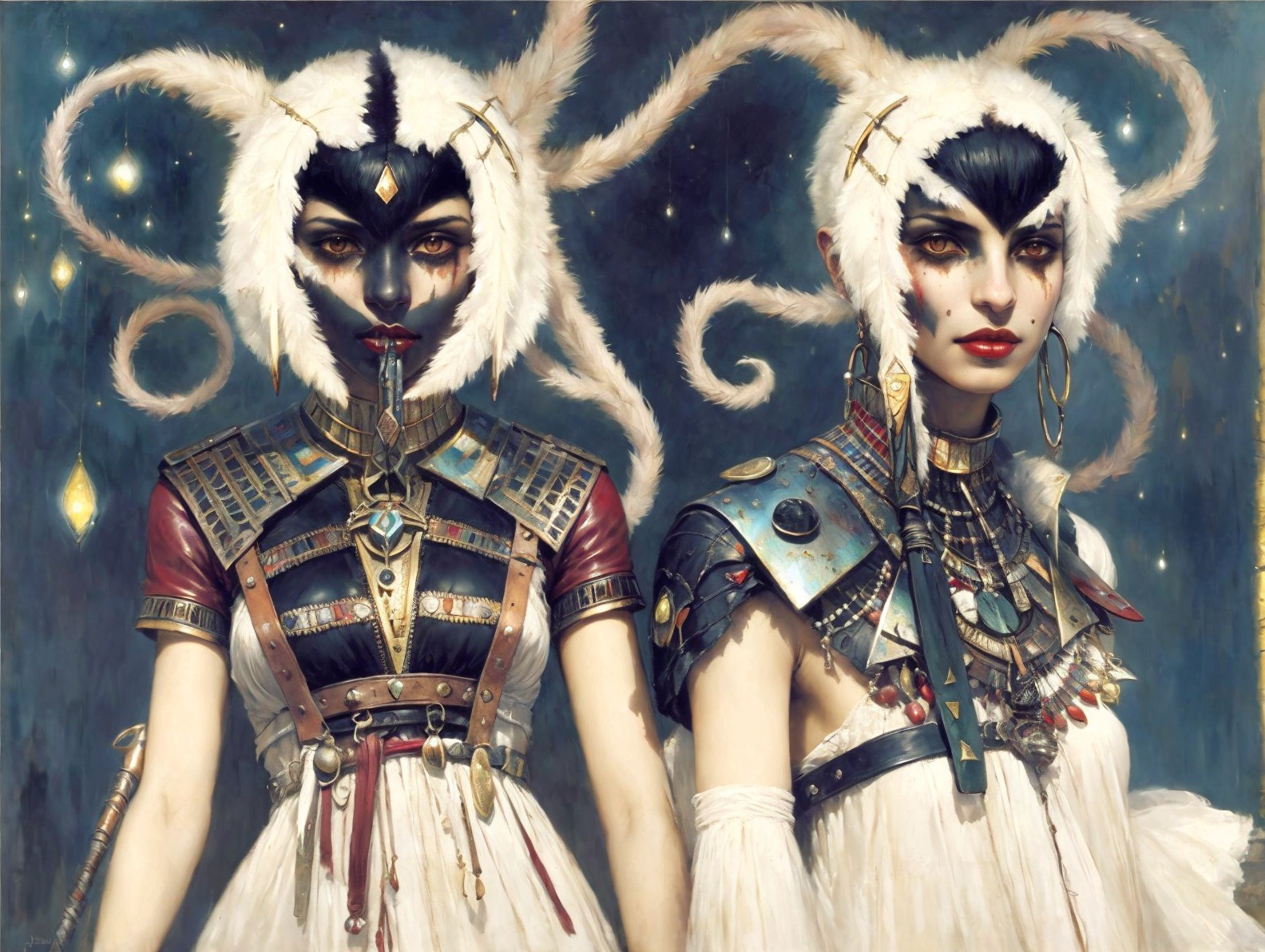 Portrait of two individuals in tribal makeup and rabbit ear headgear