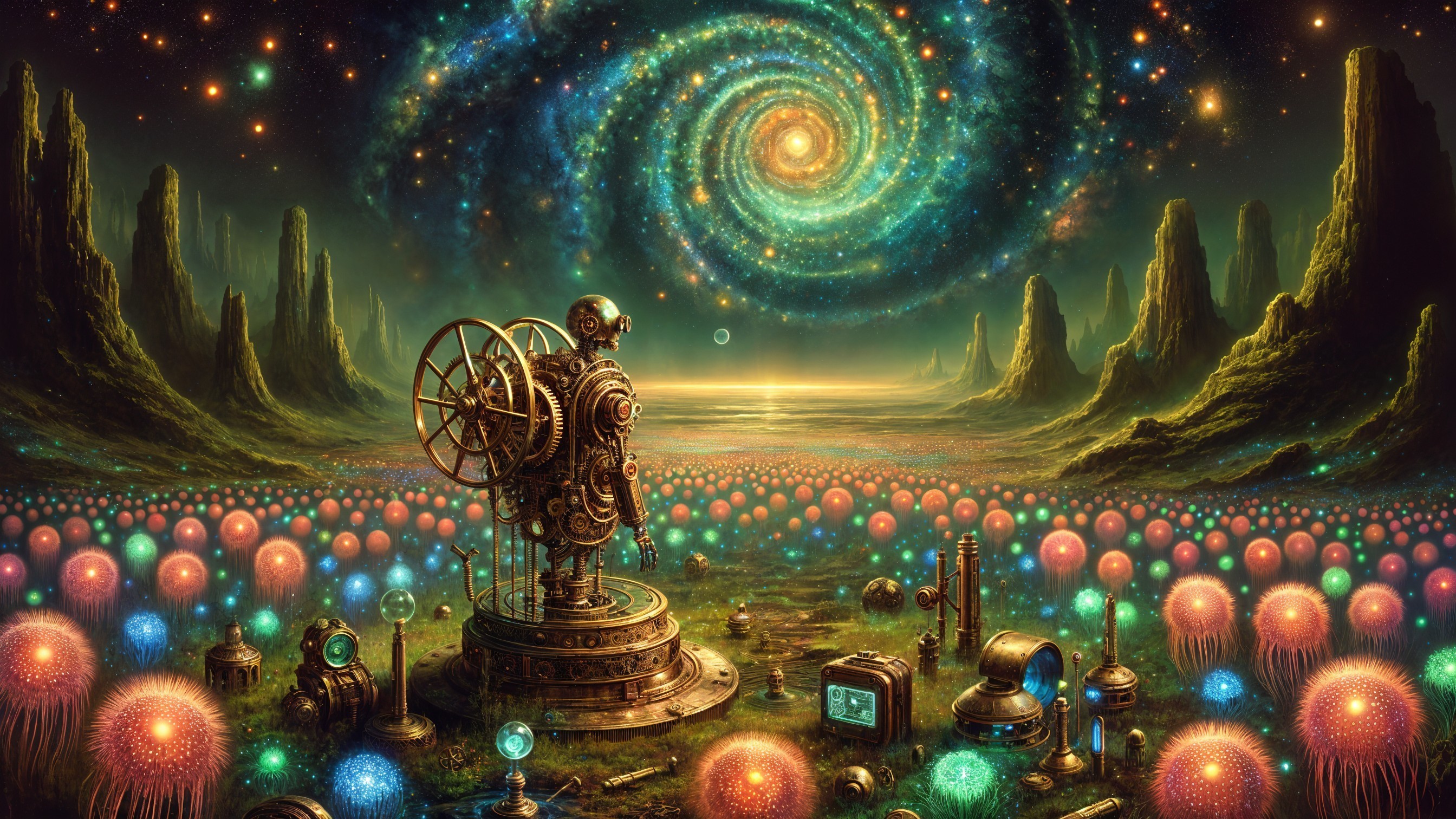 Surreal Cosmic Landscape with Mechanical Figure and Orbs