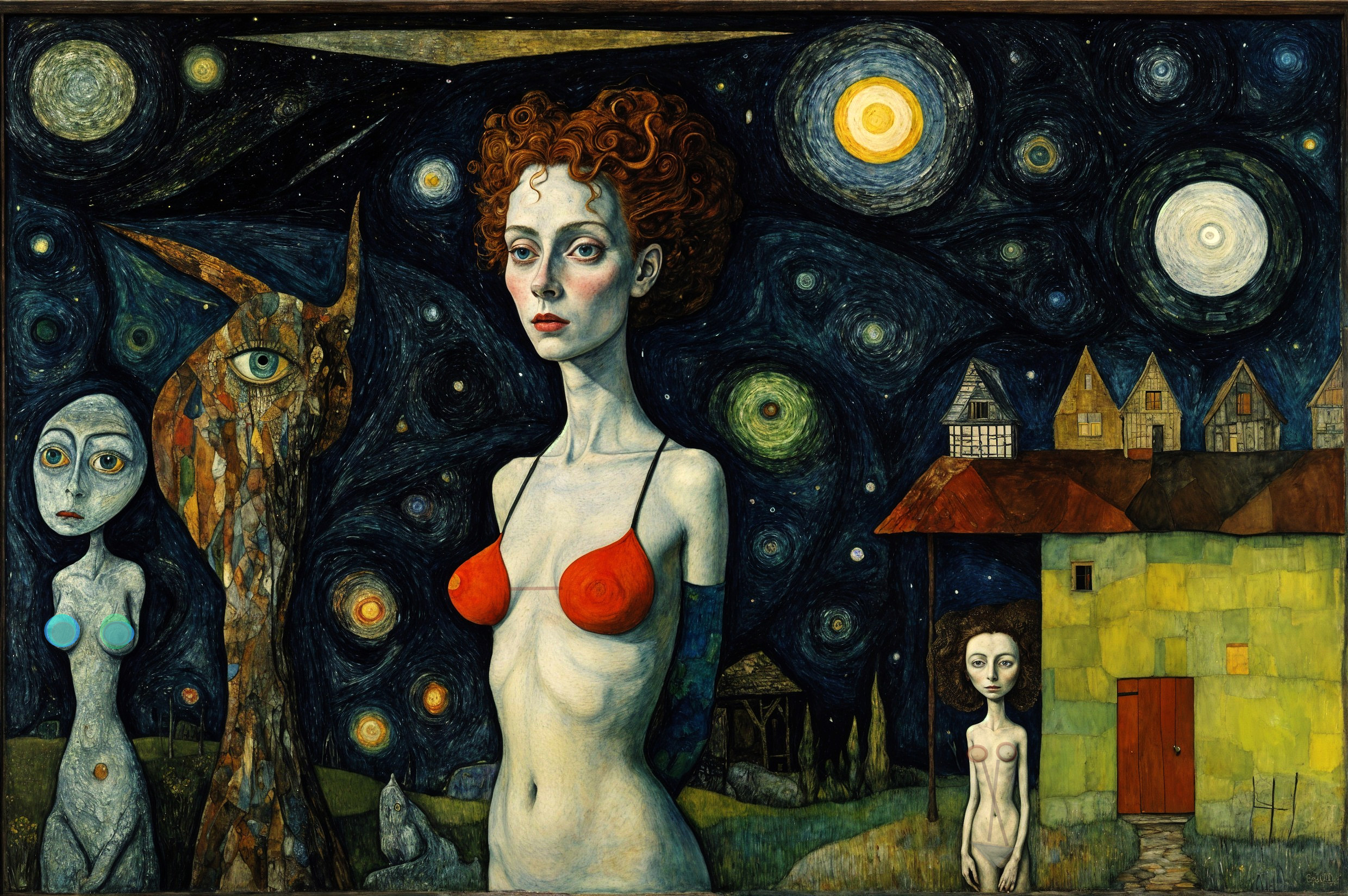 Surreal Artwork Featuring Three Figures and Night Sky