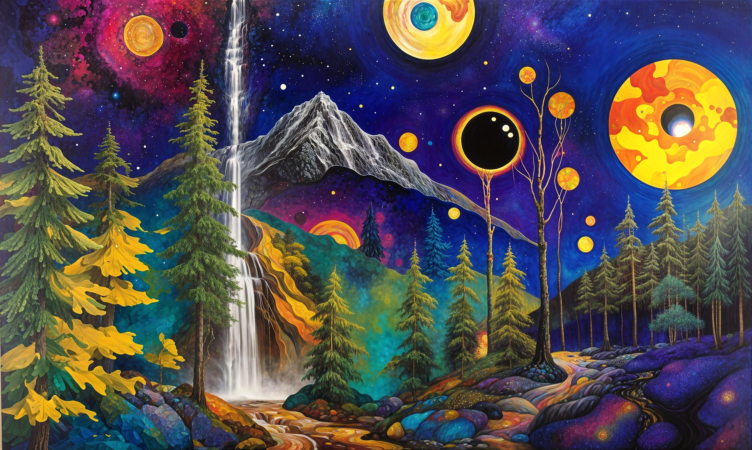 Surreal Landscape with Waterfall and Celestial Bodies