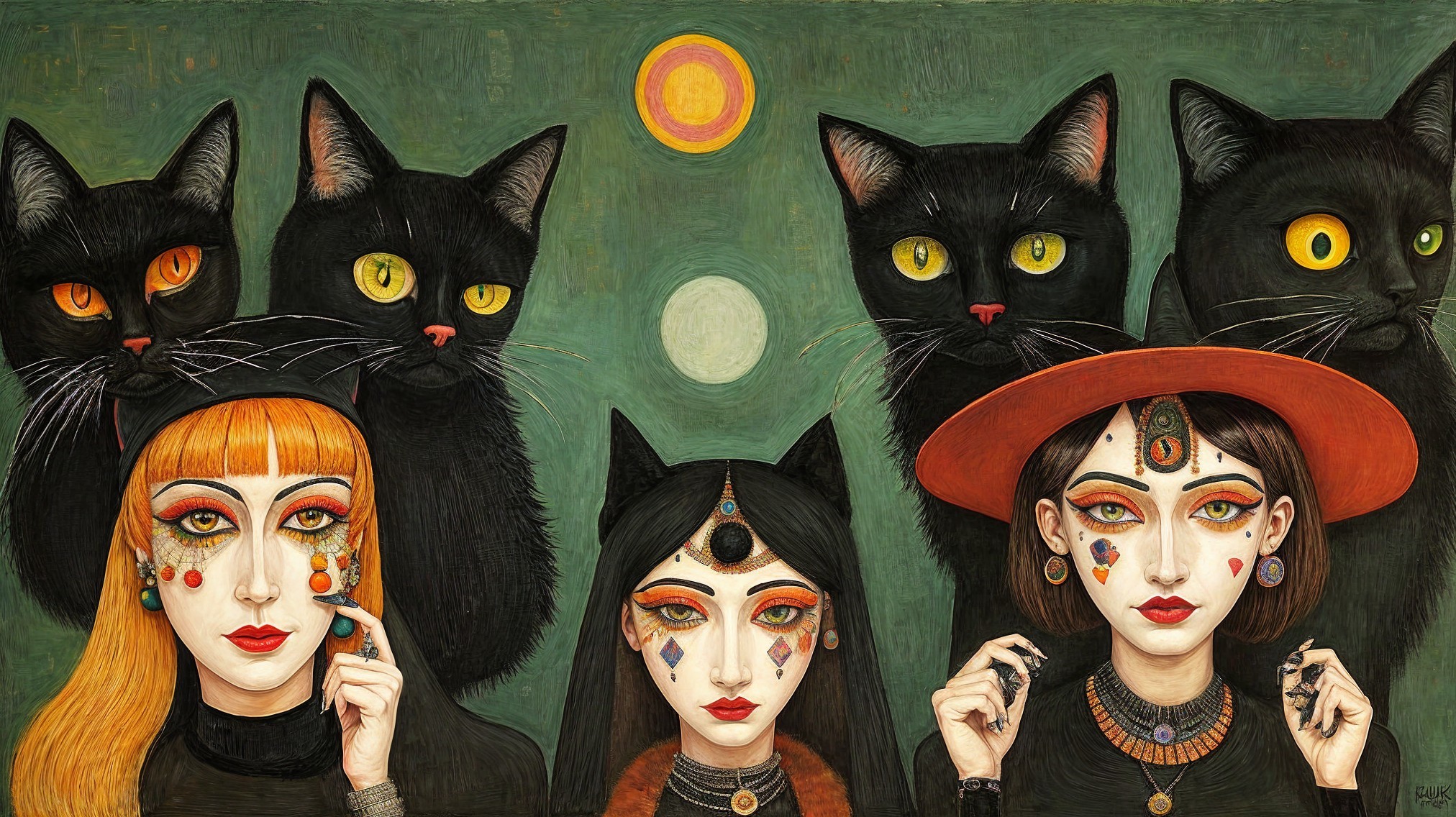 Three Women with Colorful Accessories and Black Cats