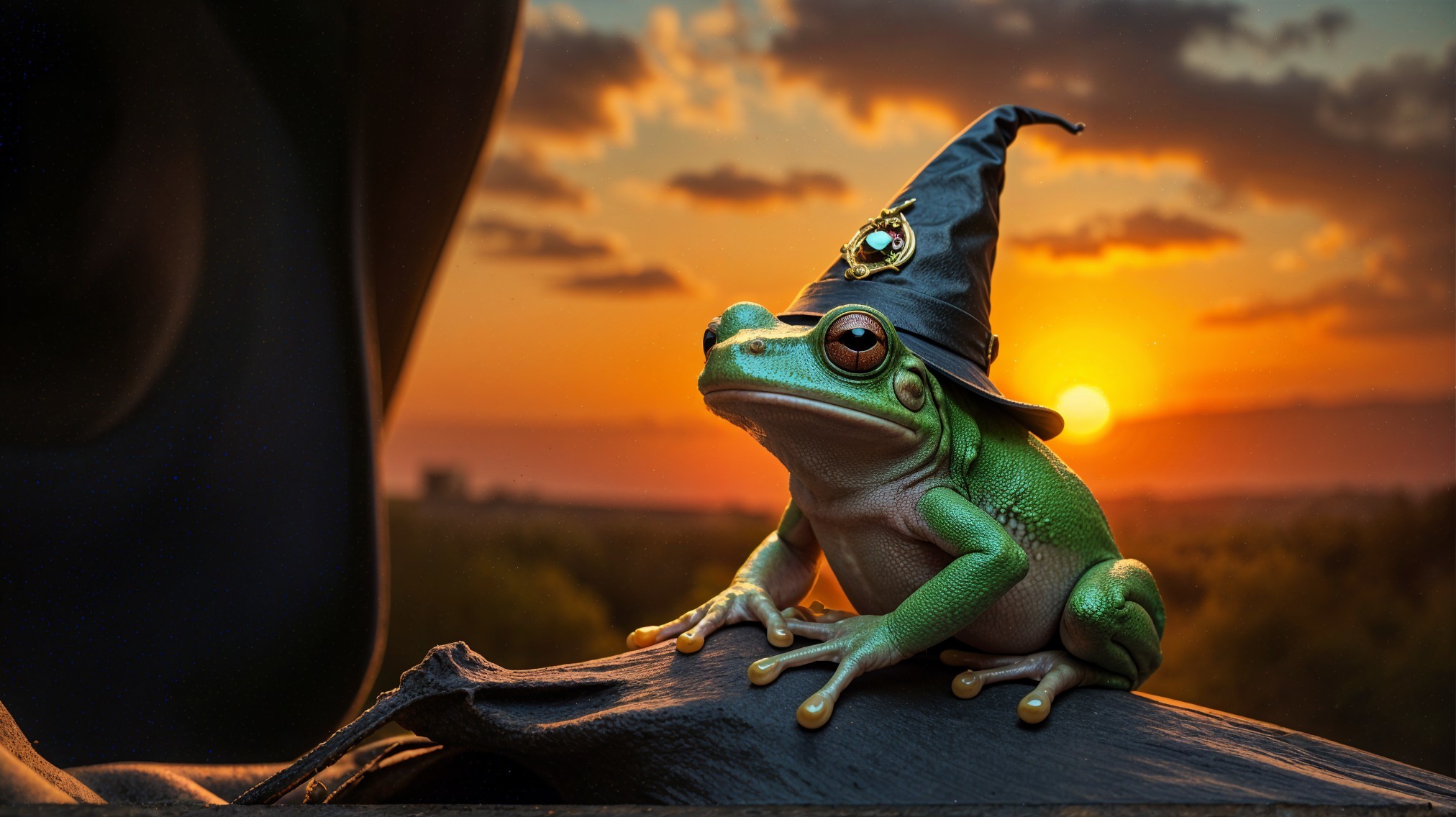 Whimsical Frog in Wizard Hat Against Sunset Background