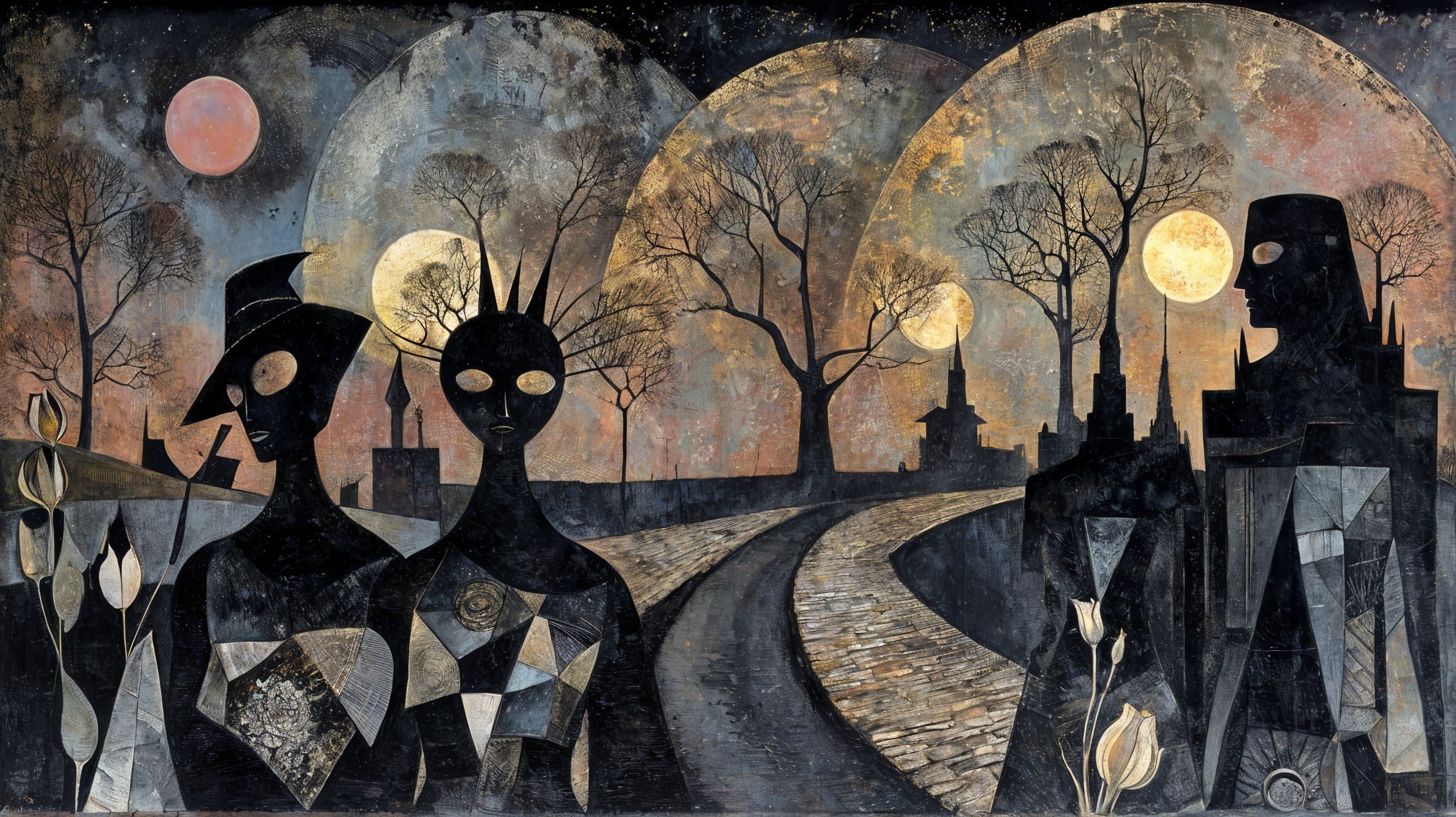 Surreal Landscape with Figures Under Twilight Sky