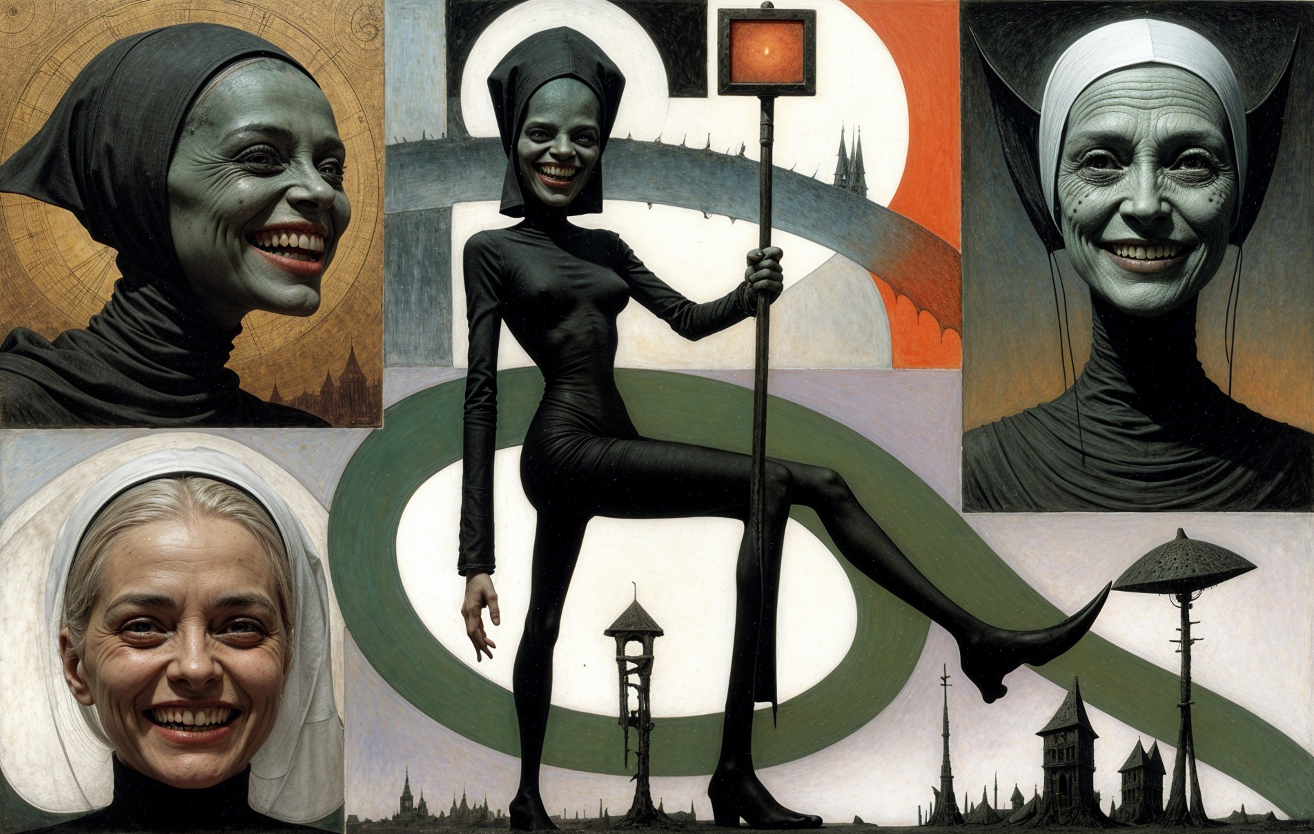 Surreal Composition of a Nun Figure with Abstract Elements