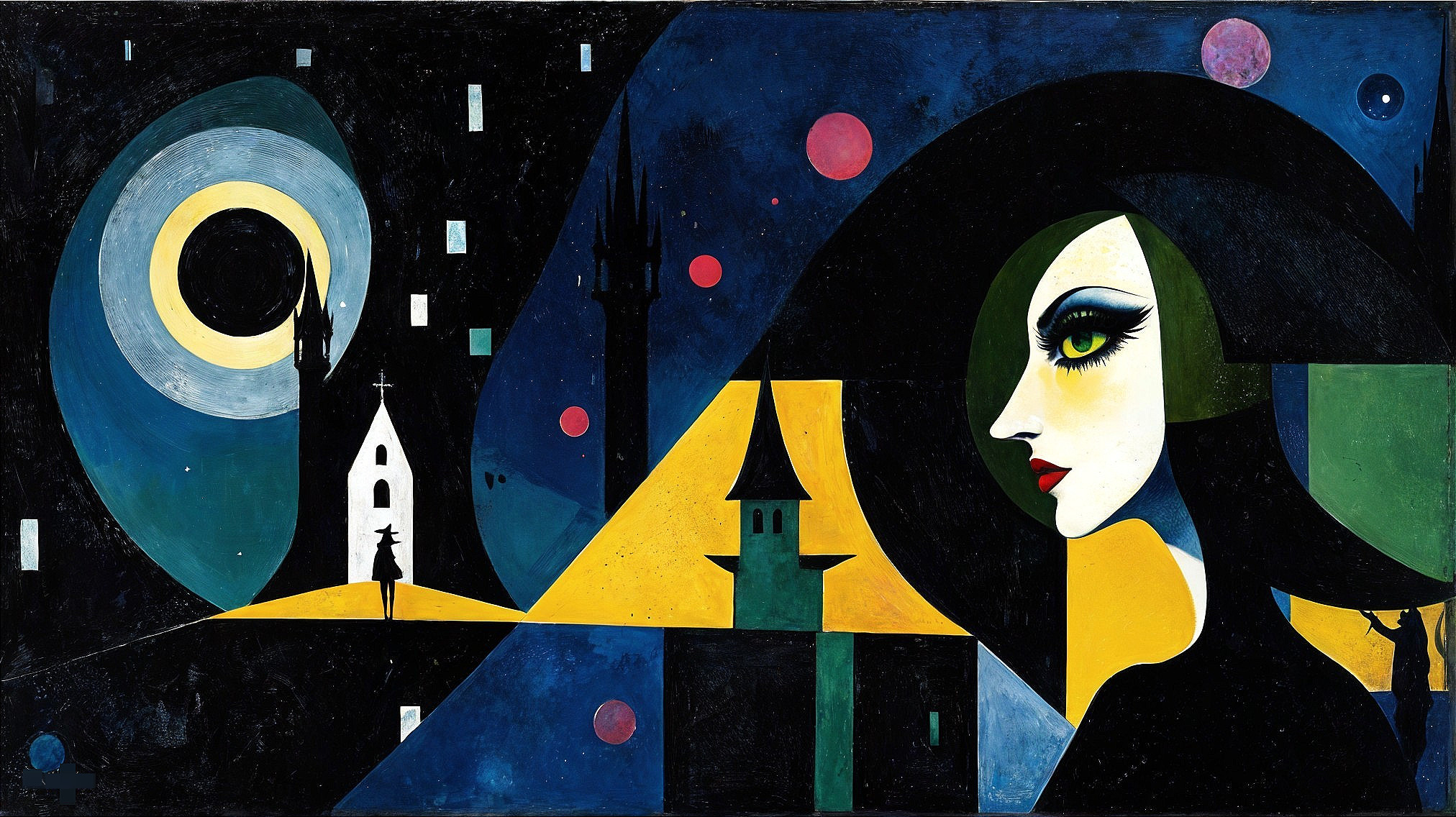 Surreal Landscape with Dark-Haired Woman and Moon